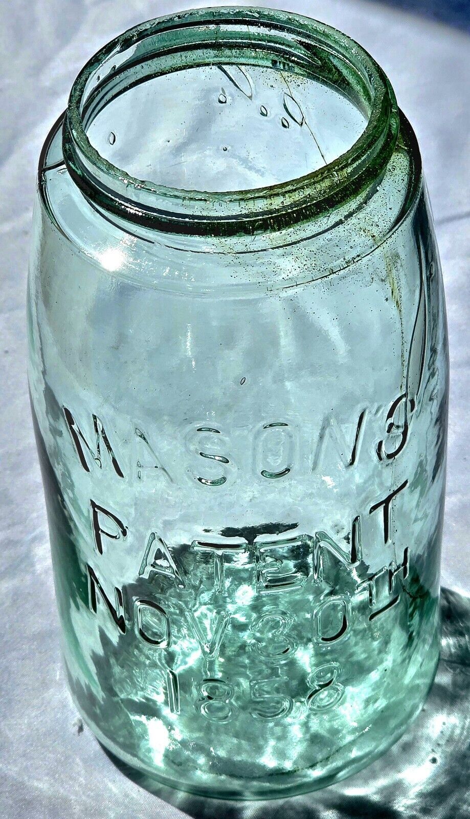 AQUA MASON\'S PATENT NOV 30TH 1858 OLIVE AMBER SWIRLS QT. FRUIT JAR DAMAGE FREE