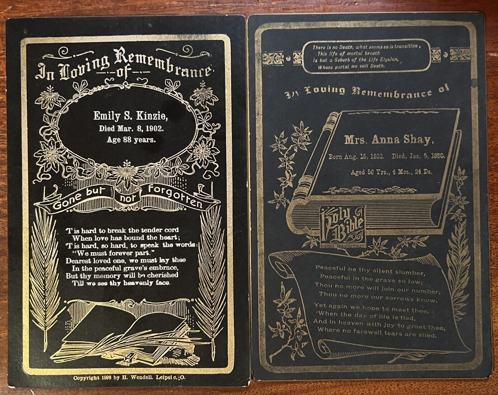 ATQ Victorian Mourning Remembrance Cards Gilded 1890 Anna Shay & 1902 E. Kinzie