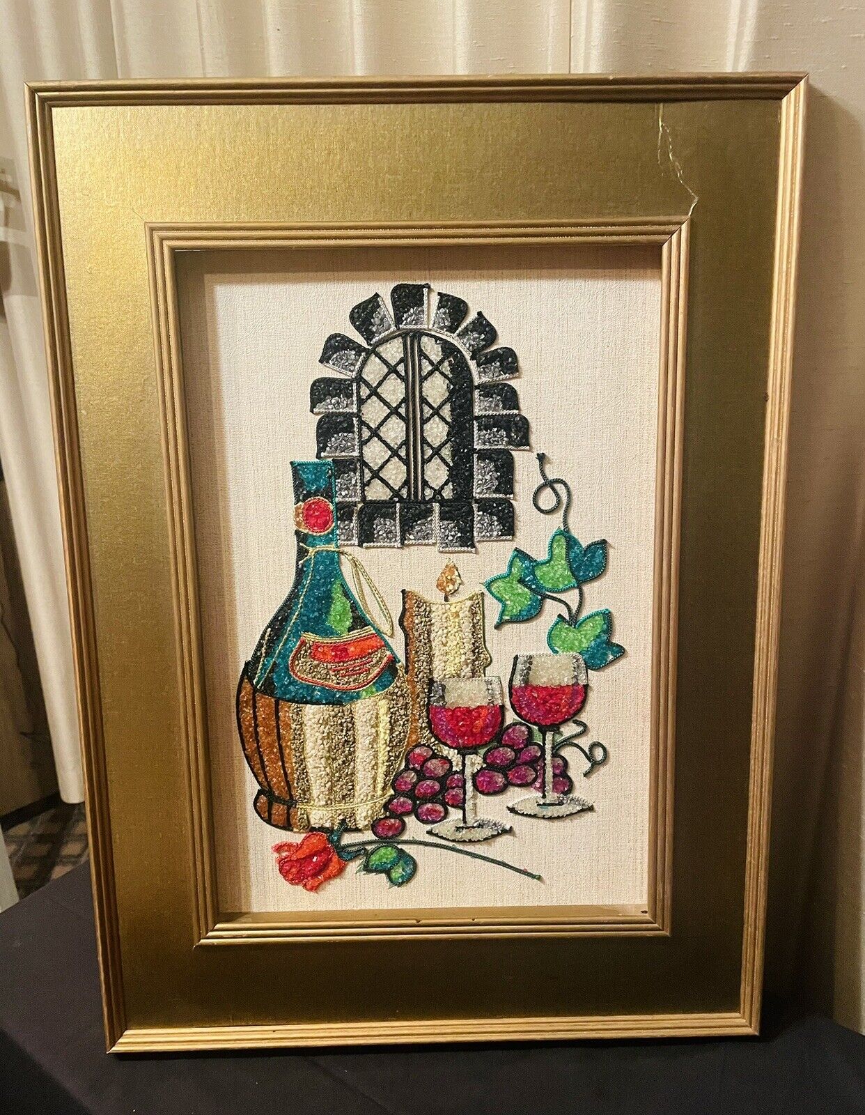 Vintage Framed Gravel Art Still Life Of Wine Bottle Grapes & Glasses 18x25”