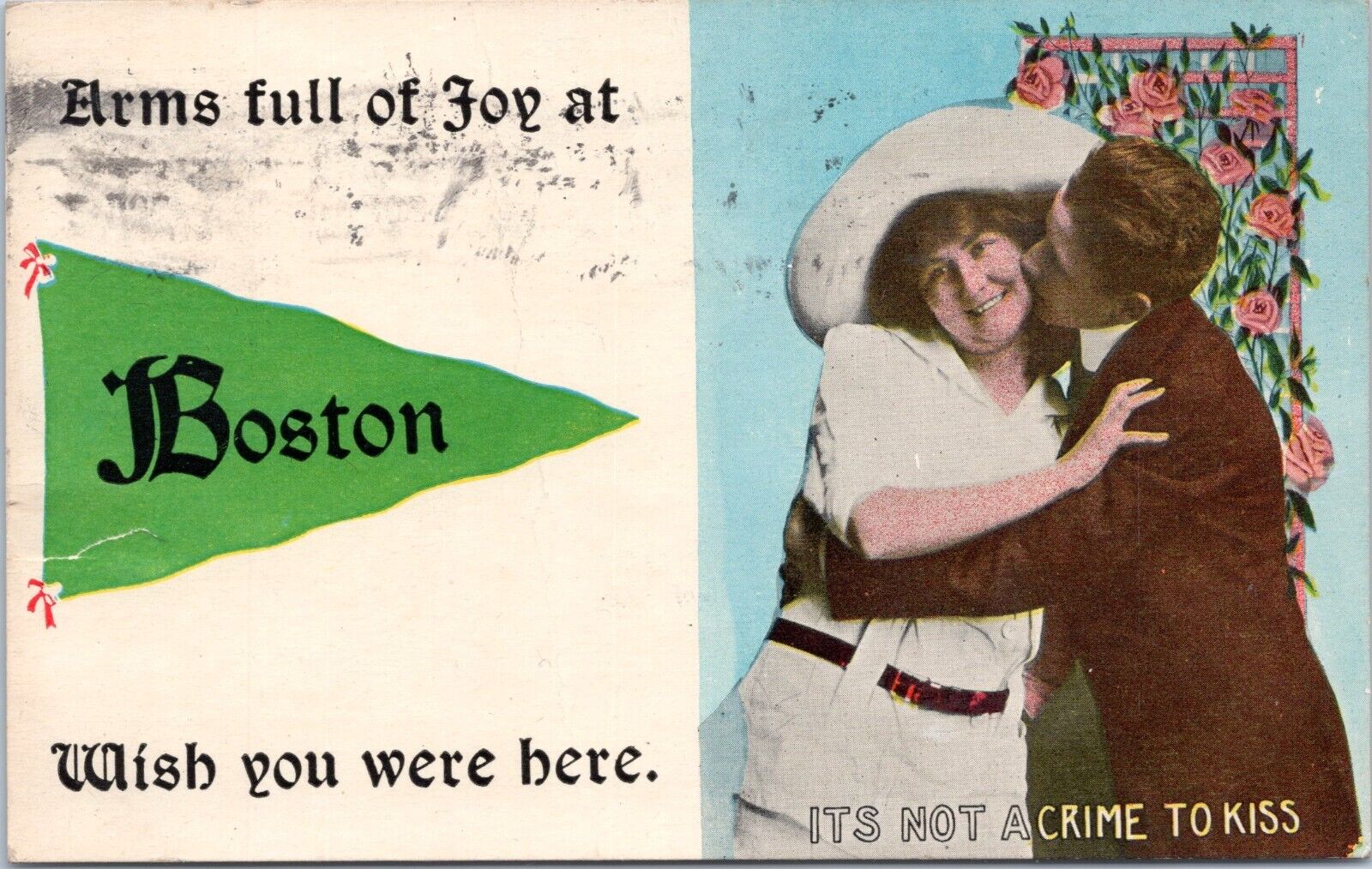 Pennant Postcard Boston, Massachusetts- 1913 d/b Postcard- Arms Full of Joy