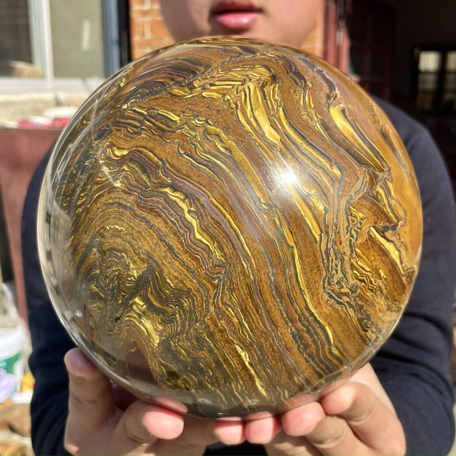 27.5LB Natural Large Gold Tiger’s Eye Stone Quartz Crystal Sphere Specimen Reik