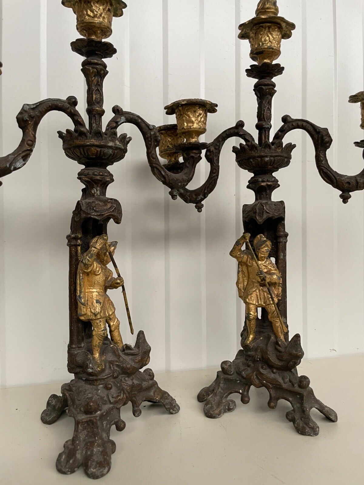 SALE RARE Pair of Gothic Revival Candlesticks with George & the dragon
