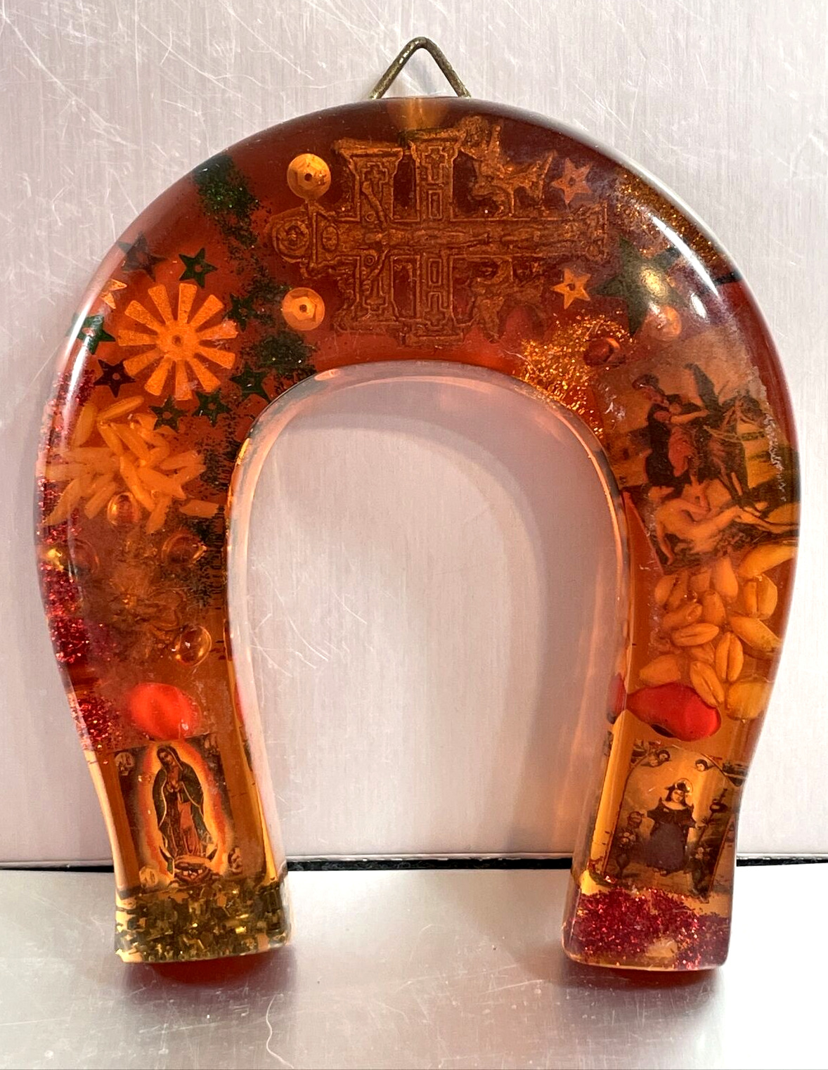 Vintage Lucite Horseshoe Embedded Grains Holy Images Madonna Wall Plaque 1960\'s