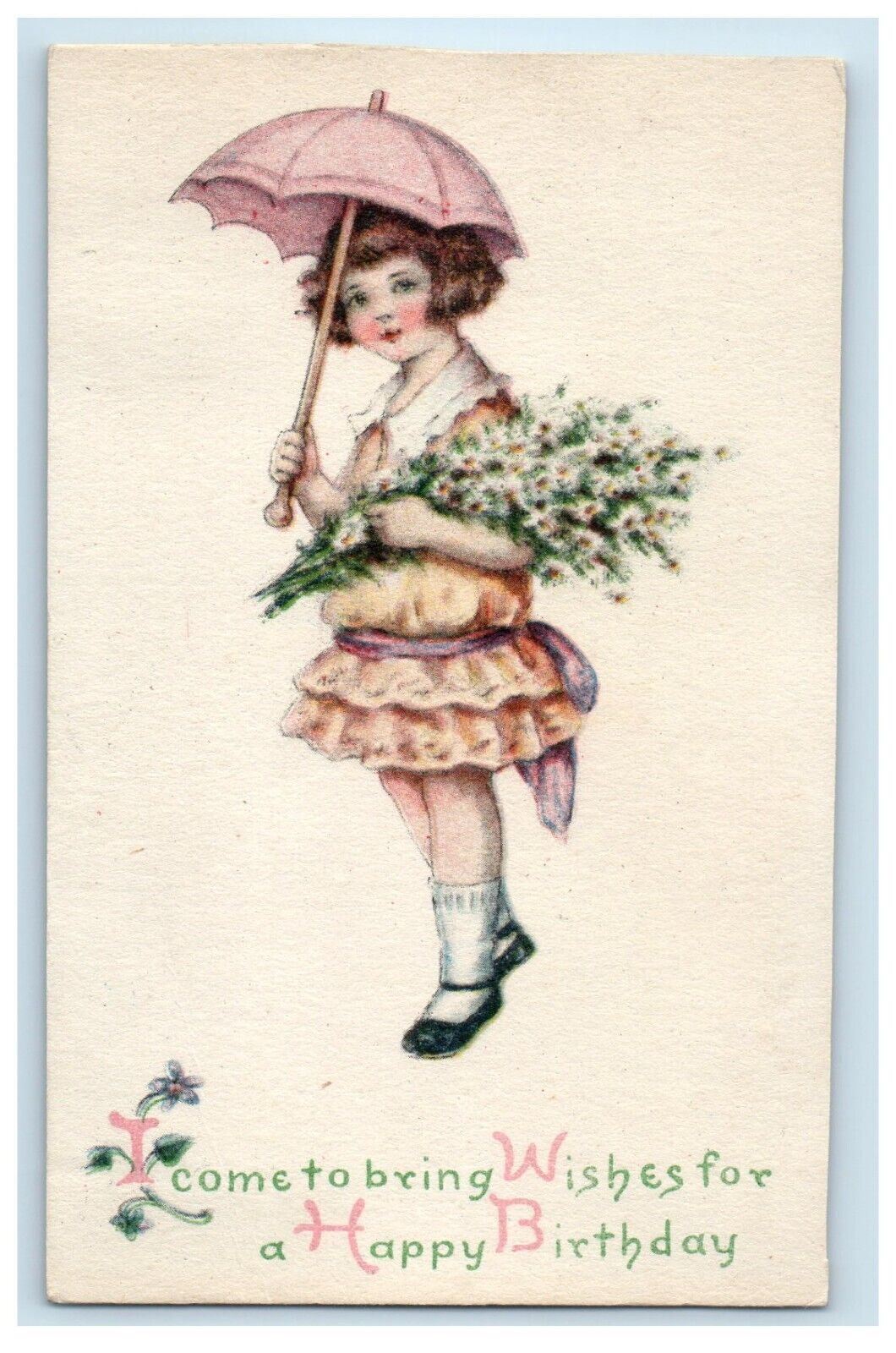 c1910's Birthday Greetings Girl Umbrella Flowers Winsch Back Antique Postcard