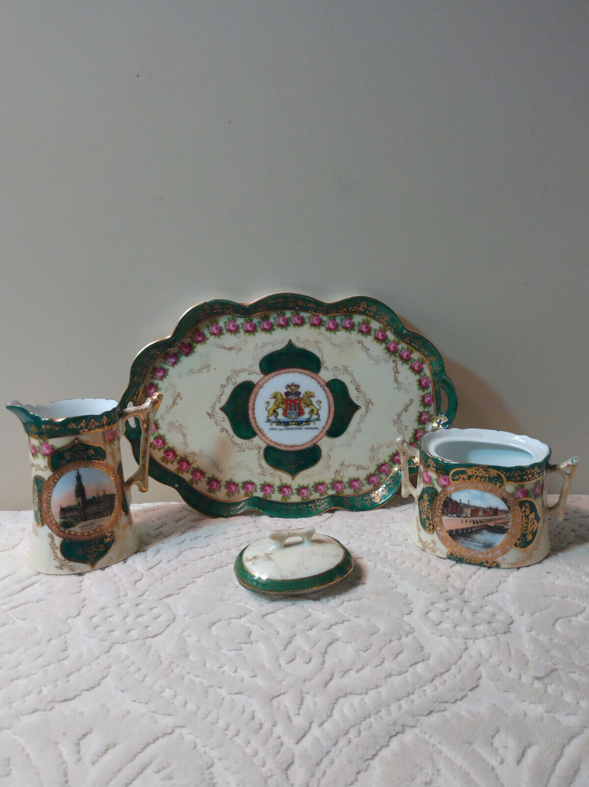 ANTIQUE Fine German Porcelain Breakfast Tea Set CREAMER SUGAR & TRAY H/Ptd ROSES