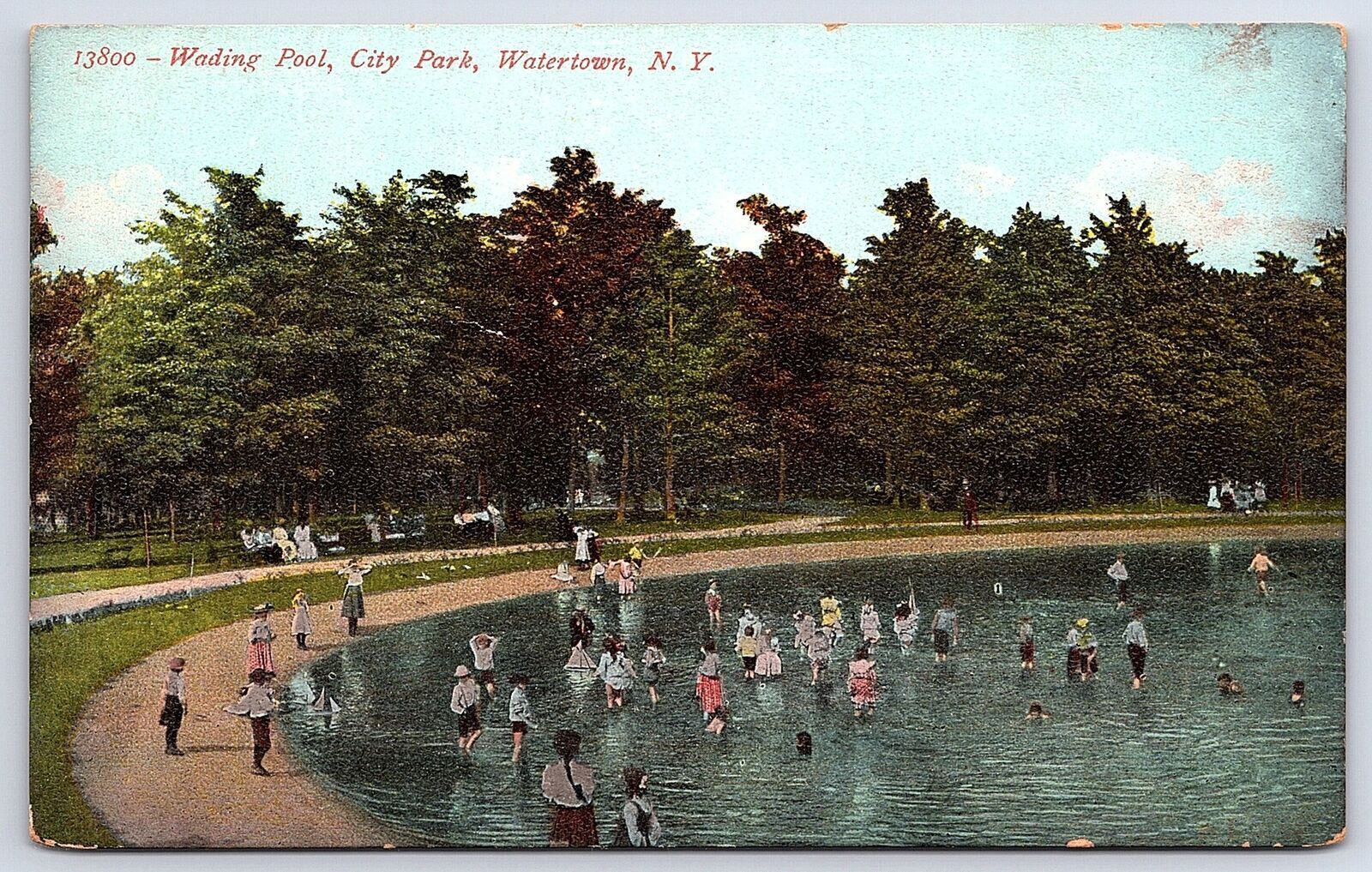 1908 Wading Pool City Park Watertown New York NY Crowded Scene Posted Postcard