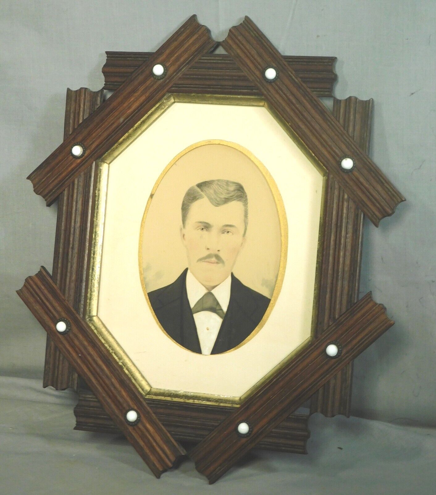 Antique Victorian Painting Portrait Man Carved Tramp Art Folk Art Picture Frame