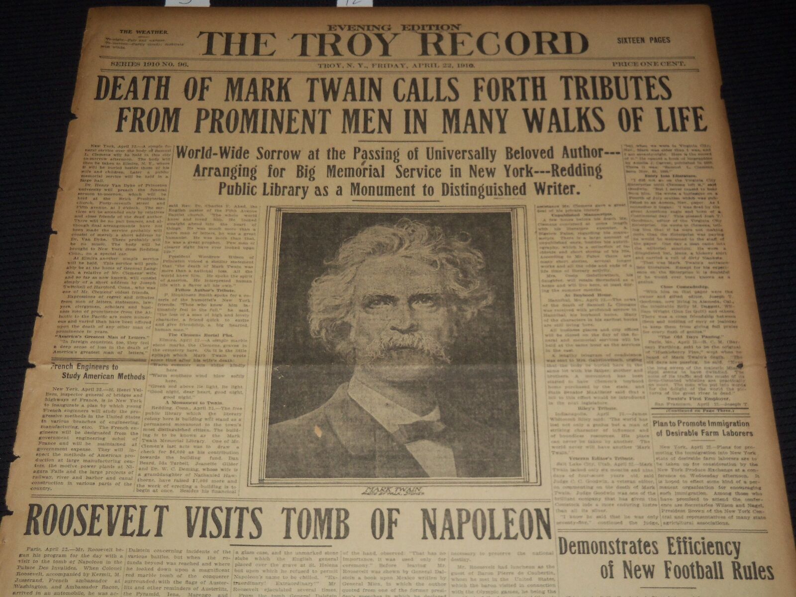 1910 APRIL 22 TROY RECORD NEWSPAPER - DEATH OF MARK TWAIN - NT 9574