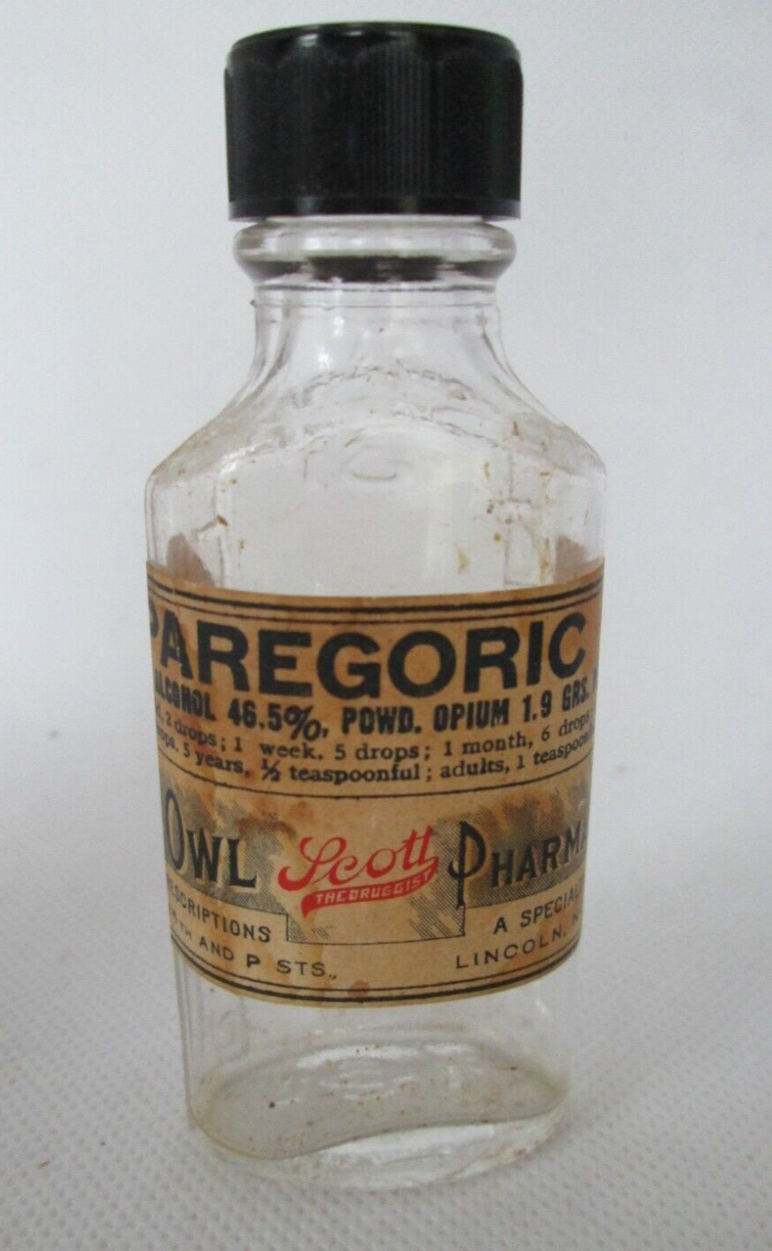 Vintage PAREGORIC Medicine Bottle OWL PHARMACY SCOTT'S DRUGGIST Lincoln Neb.