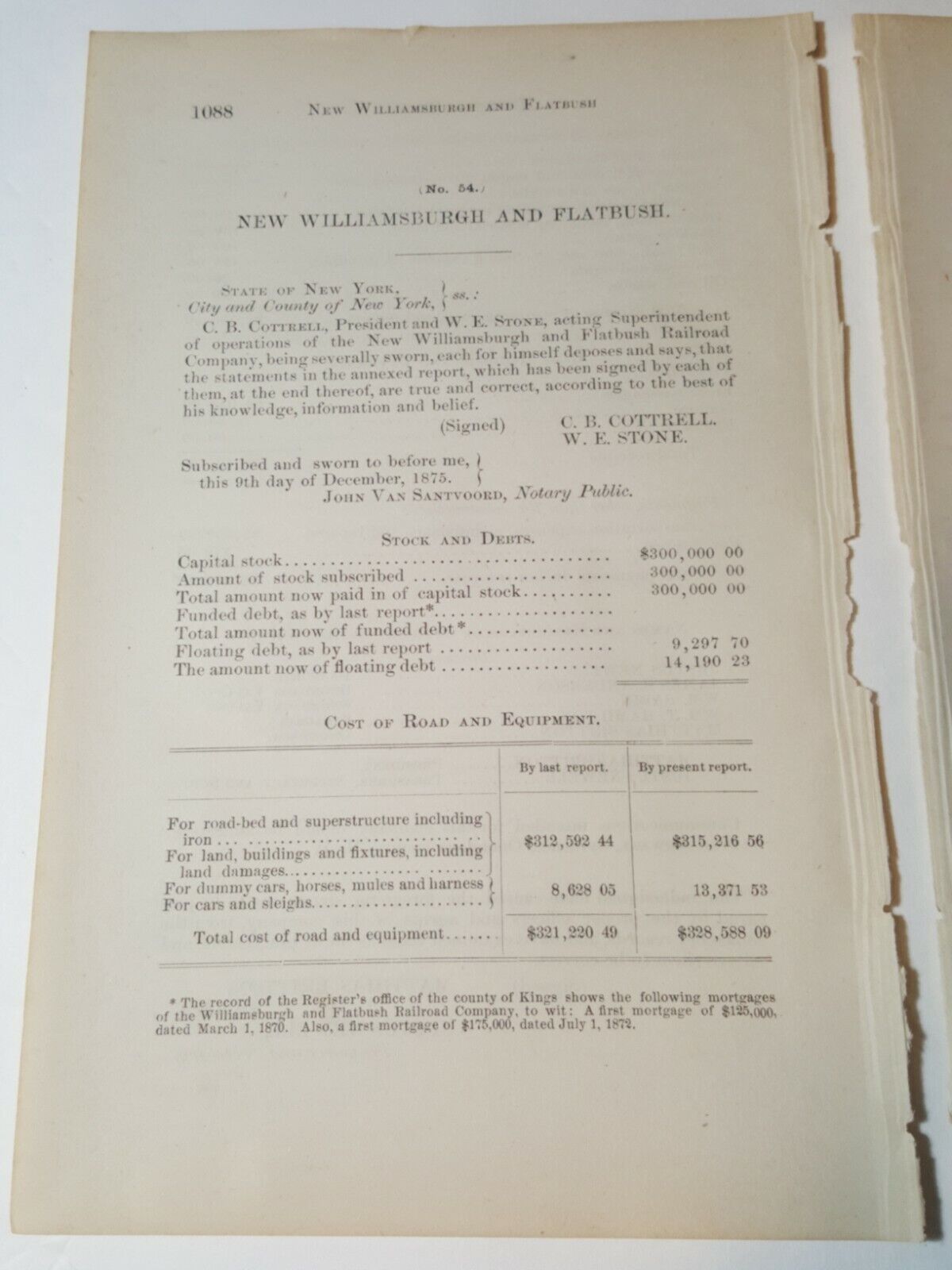 1875 NY train document WILIAMSBURGH & FLATBUSH HORSE RAILROAD Brooklyn NYC