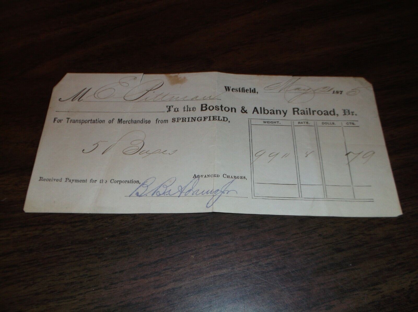 MAY 1875 BOSTON & ALBANY NYC  WESTFIELD, MA TO SPRINGFIELD, MA FREIGHT BILL