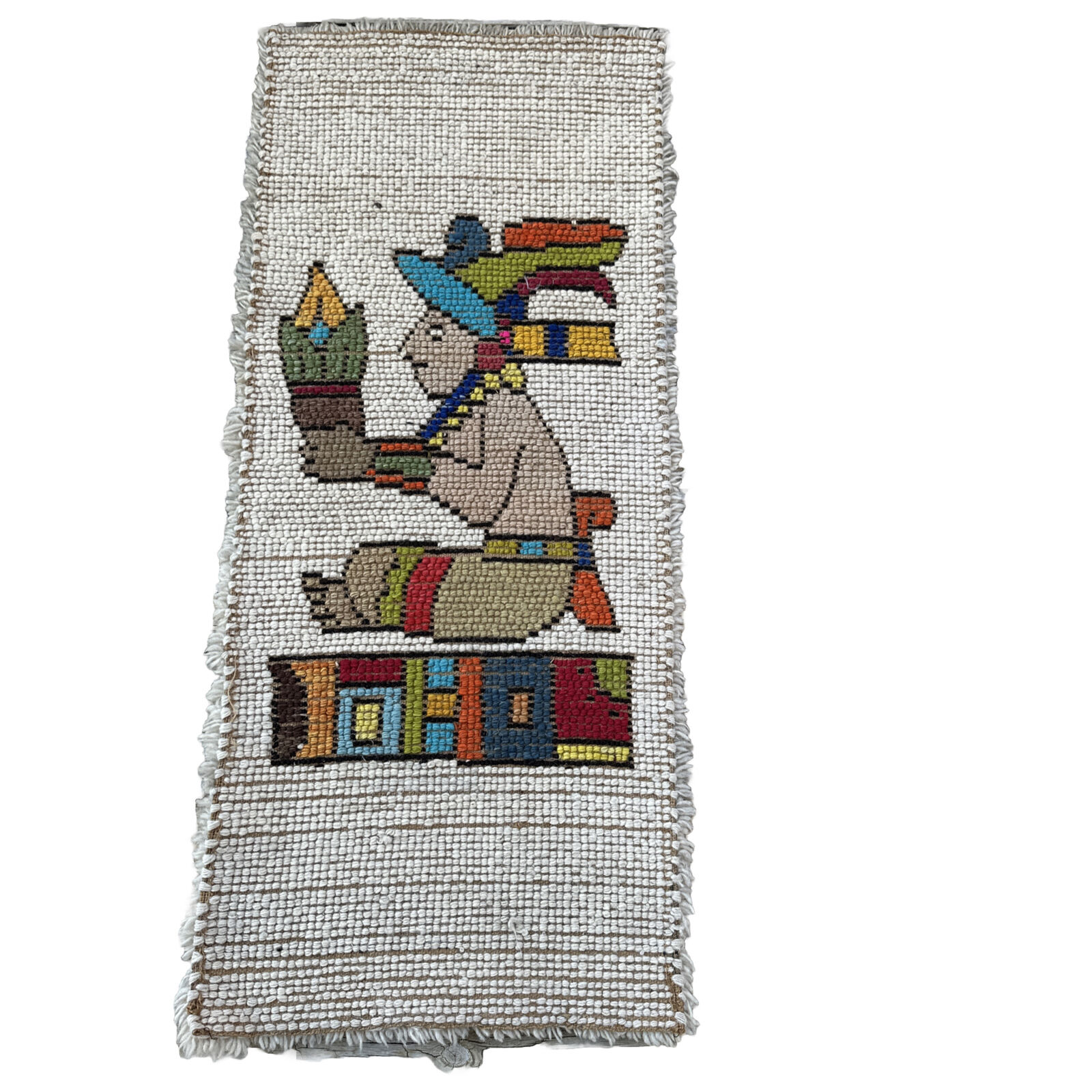 Vintage 70’s Latch Hook Rug Indian Wall Hanging Retro Native American MCM 42x19”