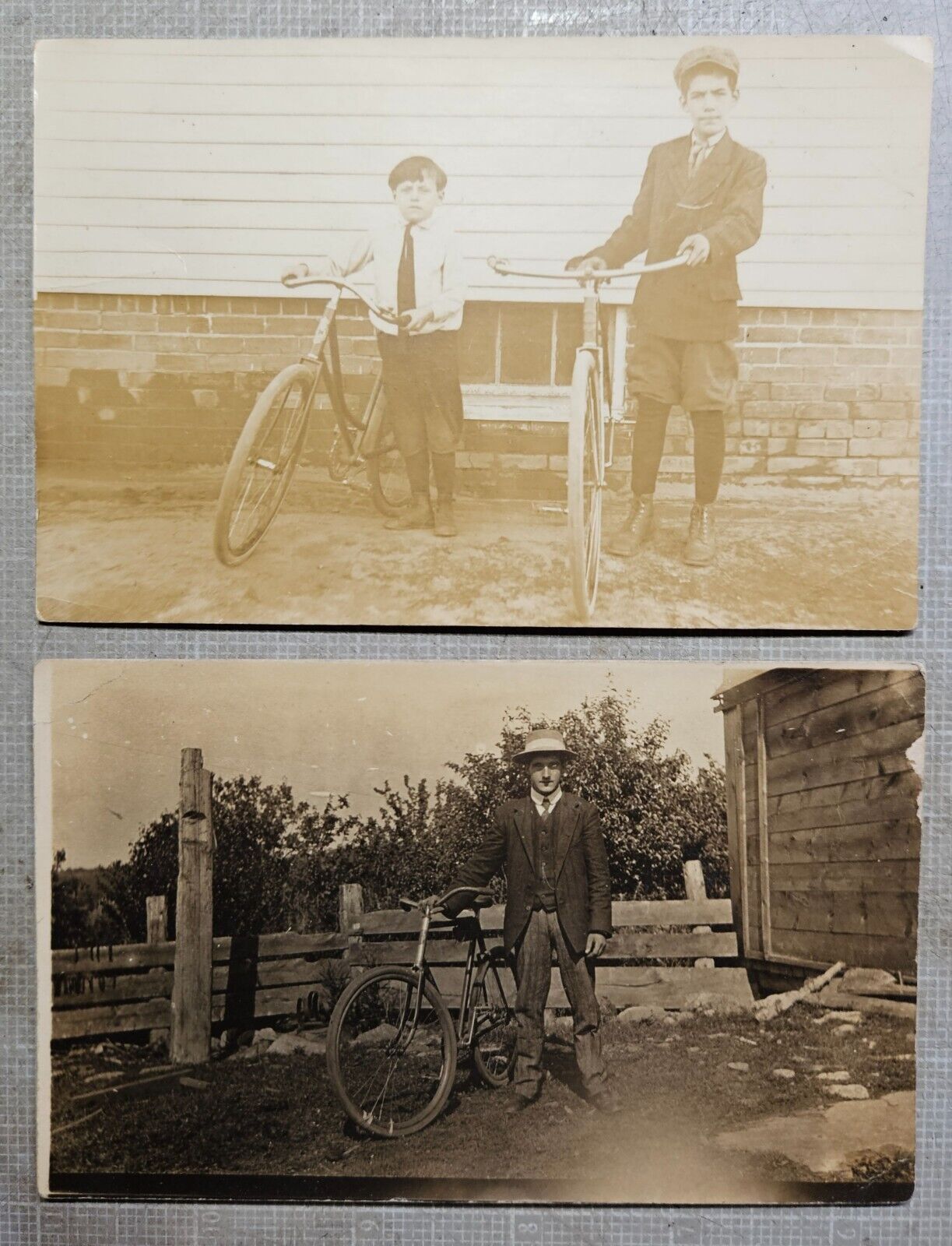 Lot of 2 RPPCs, Man and Boys with Bicycles, early 20th Cen