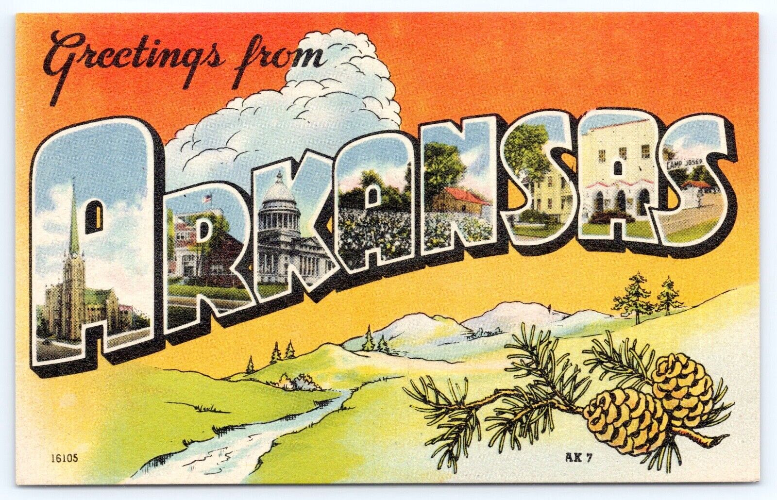 c1940s Greetings From Arkansas Vintage Large Letter AR UNP Postcard