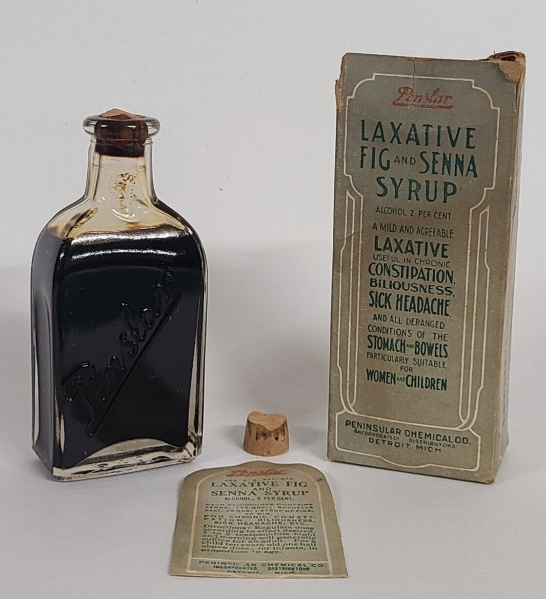 Antique Peninsular Chem Co Penslar Laxative Fig Senna Syrup Bottle w/Lable & Box