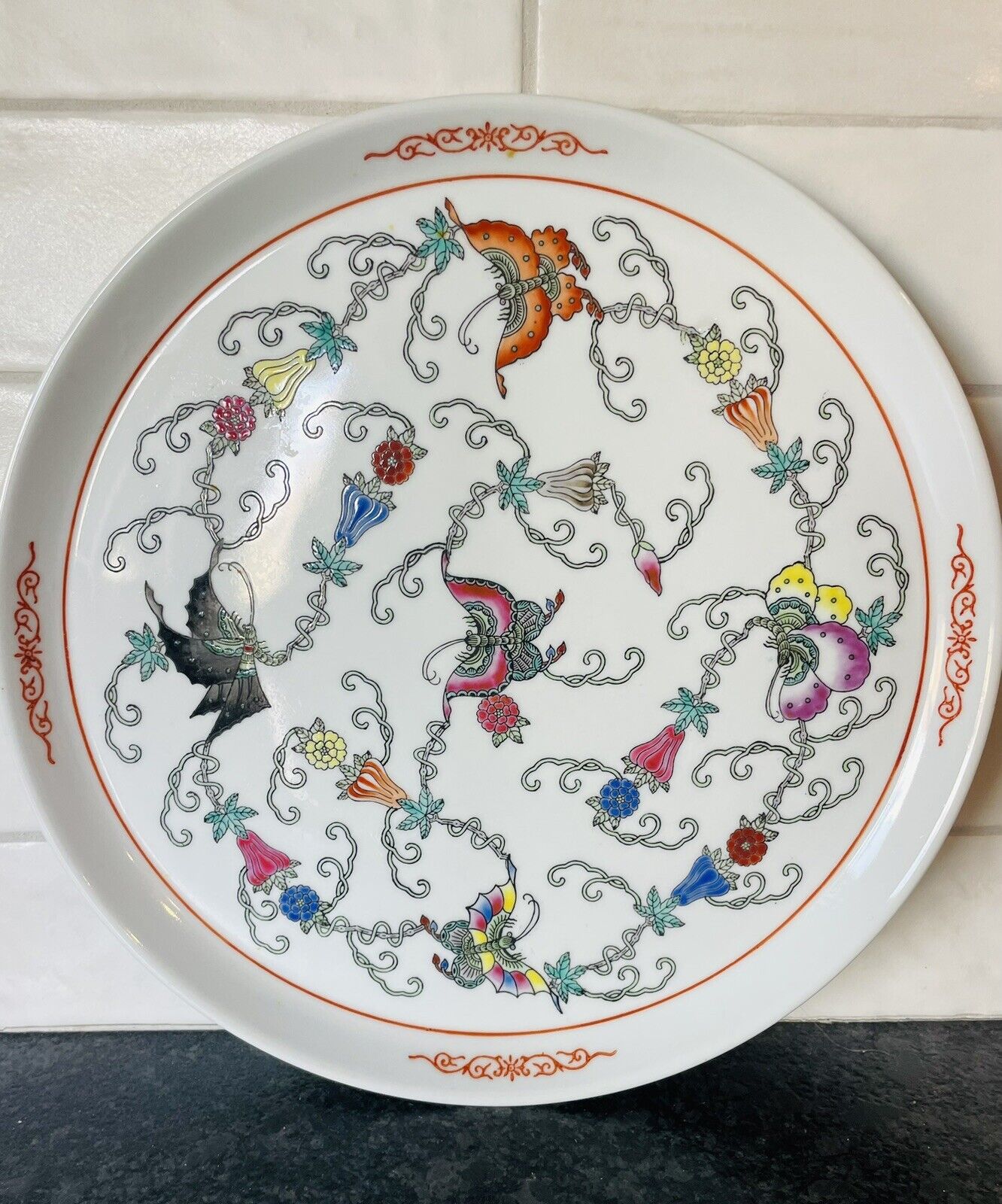 Asian Platter Porcelain Hand Painted Butterflies Floral Vintage