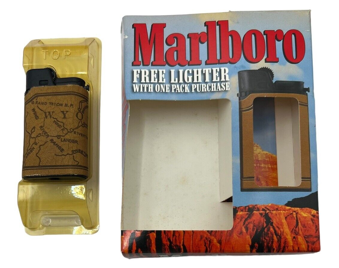 Vintage Marlboro Lighter Butane Year 2000 Leather Wrap State Of Wyoming