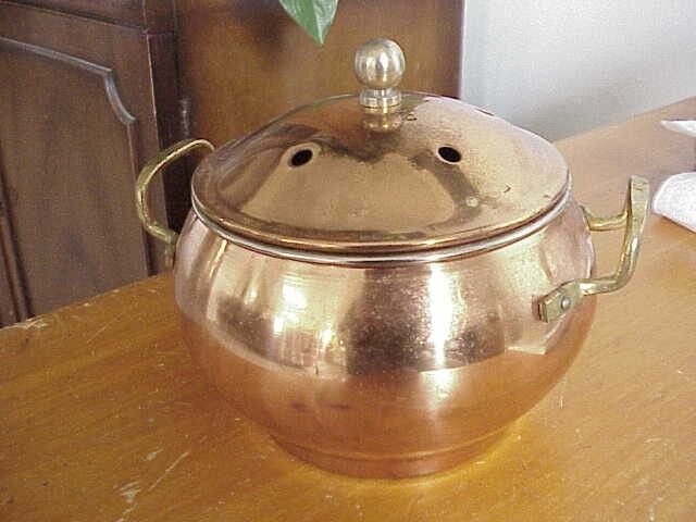 Vintage Copper Potpourri Warming Pot With Brass Handles And Lid