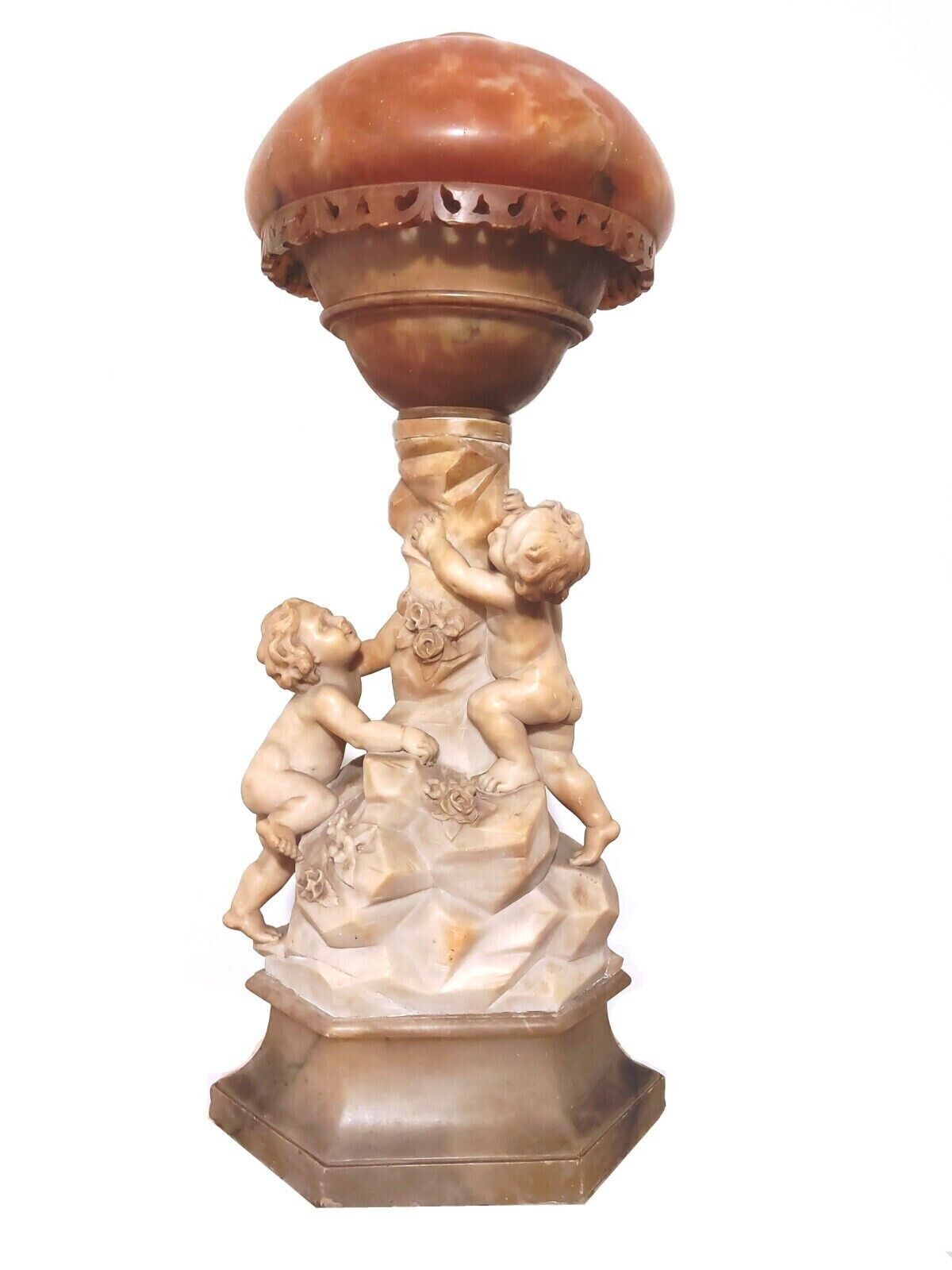 ANTIQUE LARGE 30¨ ITALIAN ALABASTER FIGURAL LAMP SCULPTURE CHILD CHERUB BY CONT