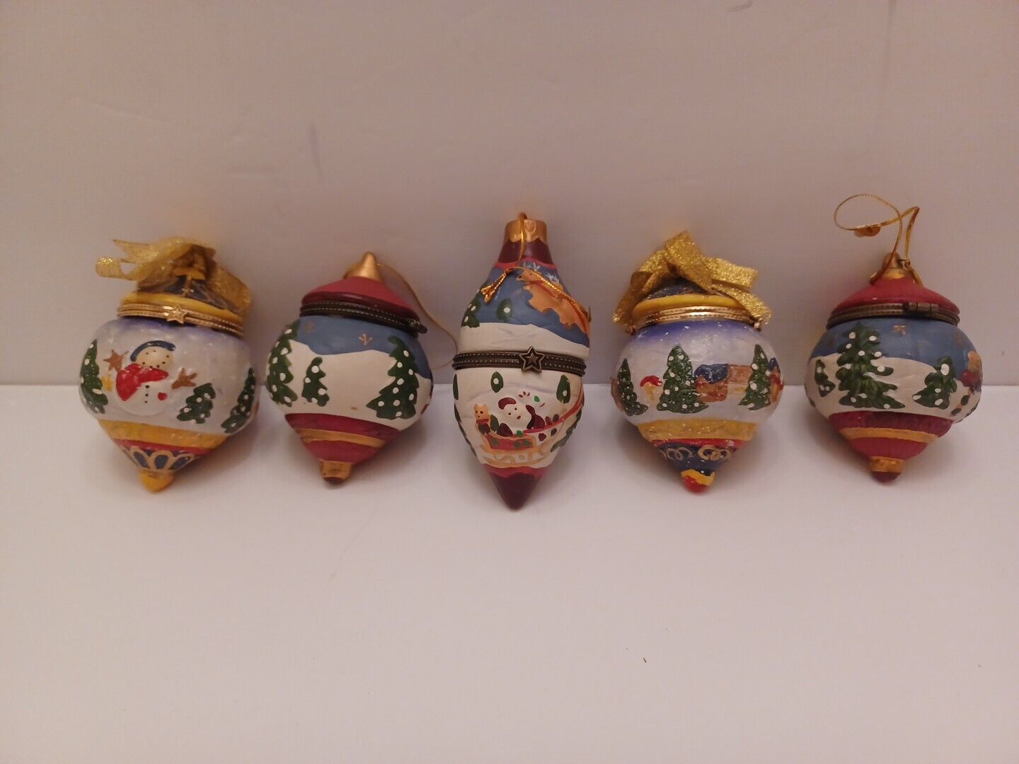 LOT OF 5 HEAVY Porcelin Christmas Ornaments That Open Up To Hold Small Gifts