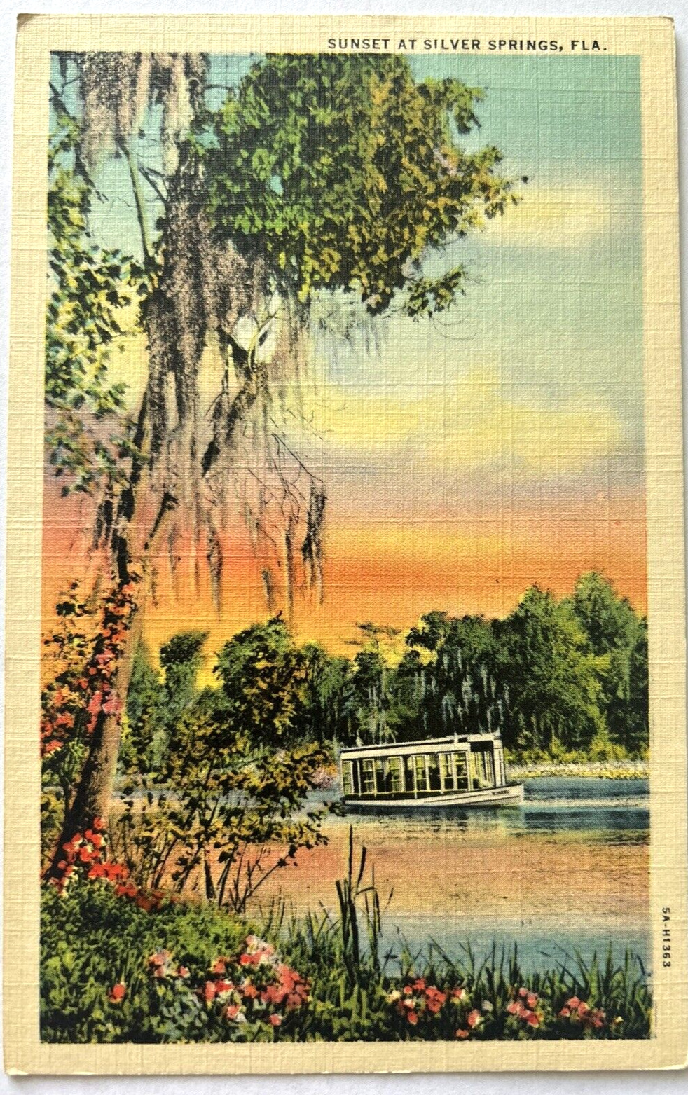 Sunset At Silver Springs Florida FL c1939 VTG Linen Postcard Glass Bottom Boat
