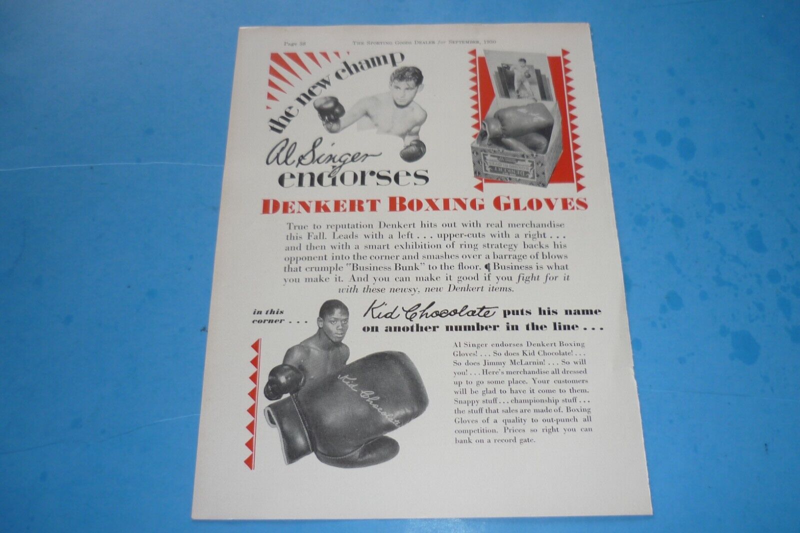 KID CHOCOLATE / AL SINGER-DENKERT BOXING GLOVES FULL PAGE AD ADVERTISEMENT-1930
