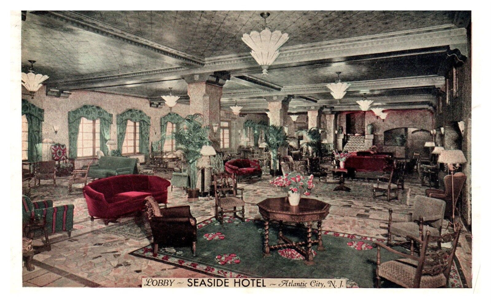 1939 Lobby, Seaside Hotel, Atlantic City, NJ Postcard