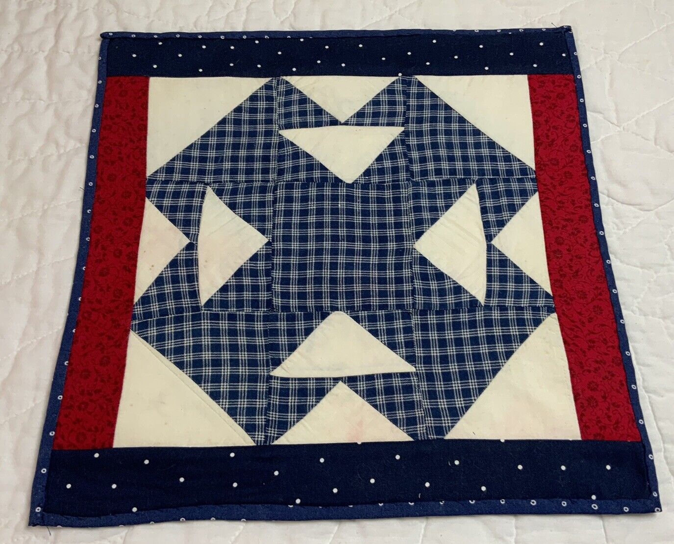 Antique Patchwork Quilt Table Topper, Early Calicos, 9 Patch With Triangles, T’s
