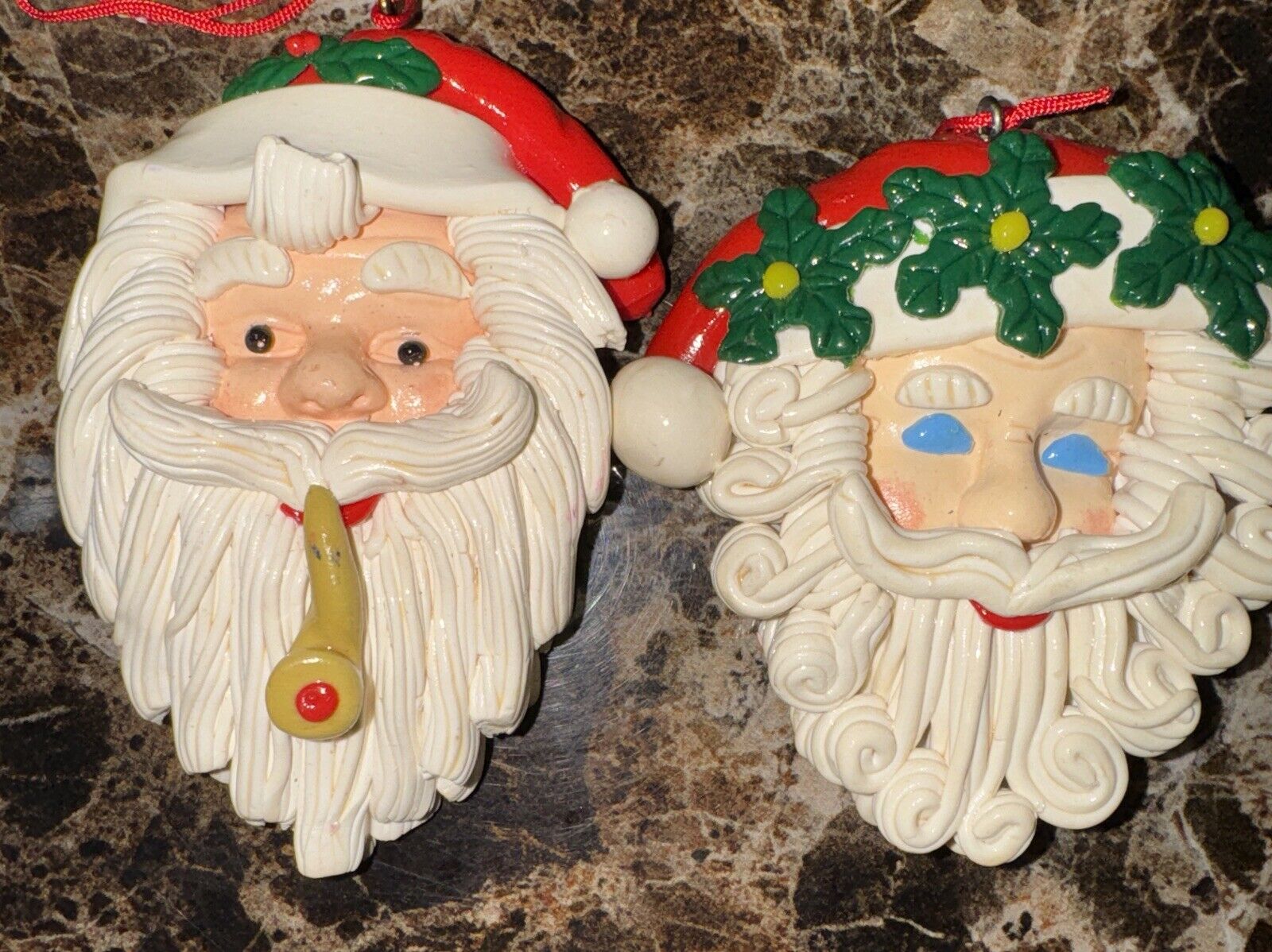 Vintage Santa Heads Holly & Pipe XMas Ornaments Polymer Spaghetti Clay