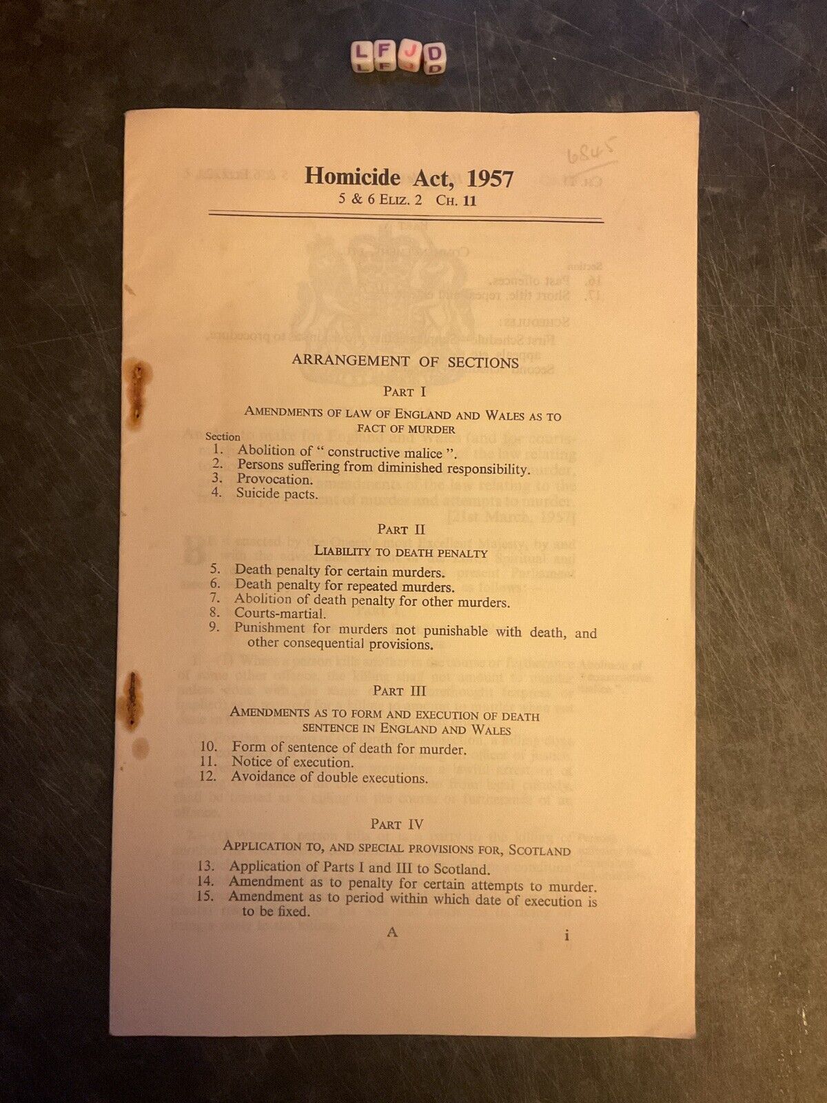 Antique Act of Parliament RARE , The Homicide Act , 1957