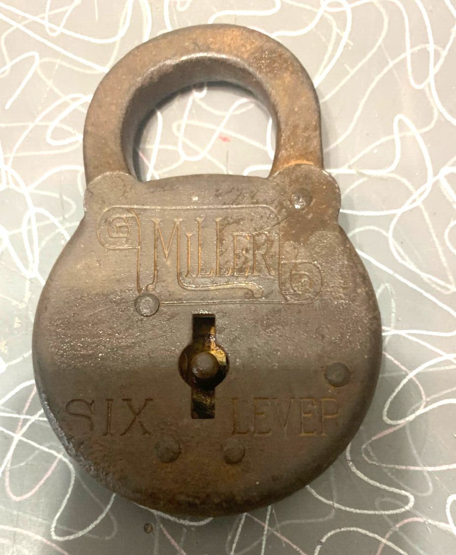 Antique  Miller six lever steel lock spring action no key  3 1/8