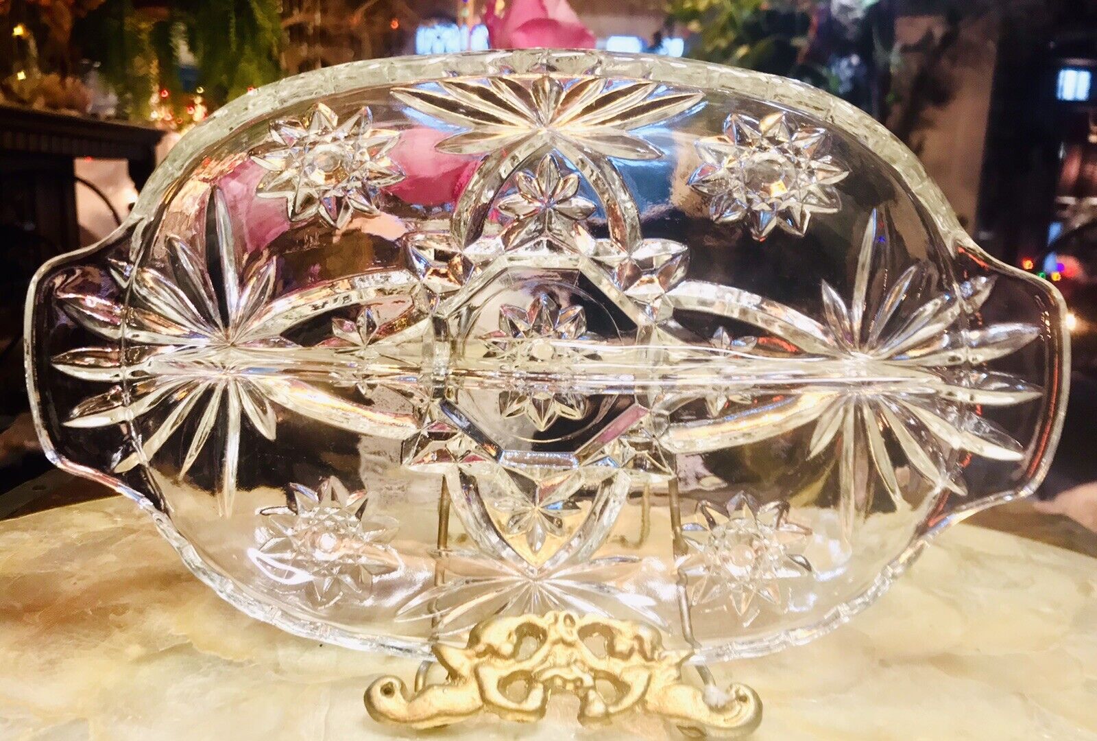 Vintage Bohemian French Vibe Cut Crystal Party Vibes Snack Divider Serving Dish