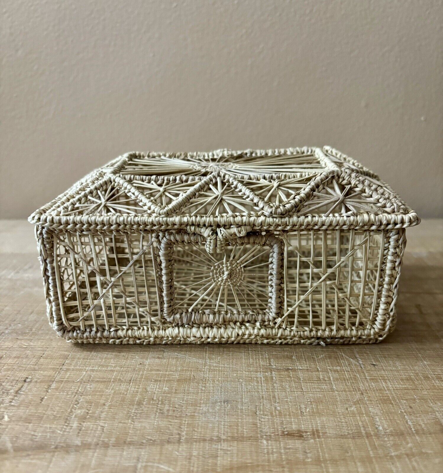 Vintage Wicker Woven Basket Trinket Box Boho Decor Folk Art