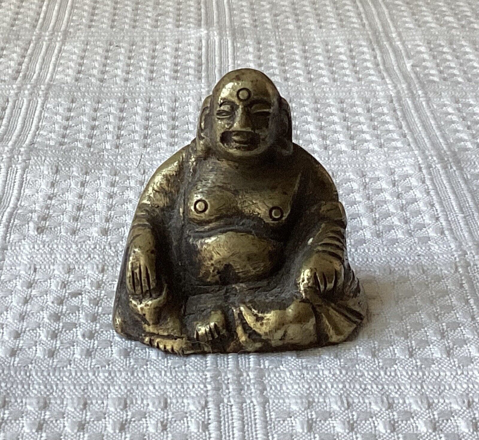 Vintage Asian Miniature Happy Buddha Brass Figurine, 1 1/2” Tall