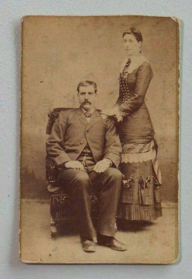 Antique 1800\'s CDV Photograph Seated Man & Standing Woman in Dress 5028