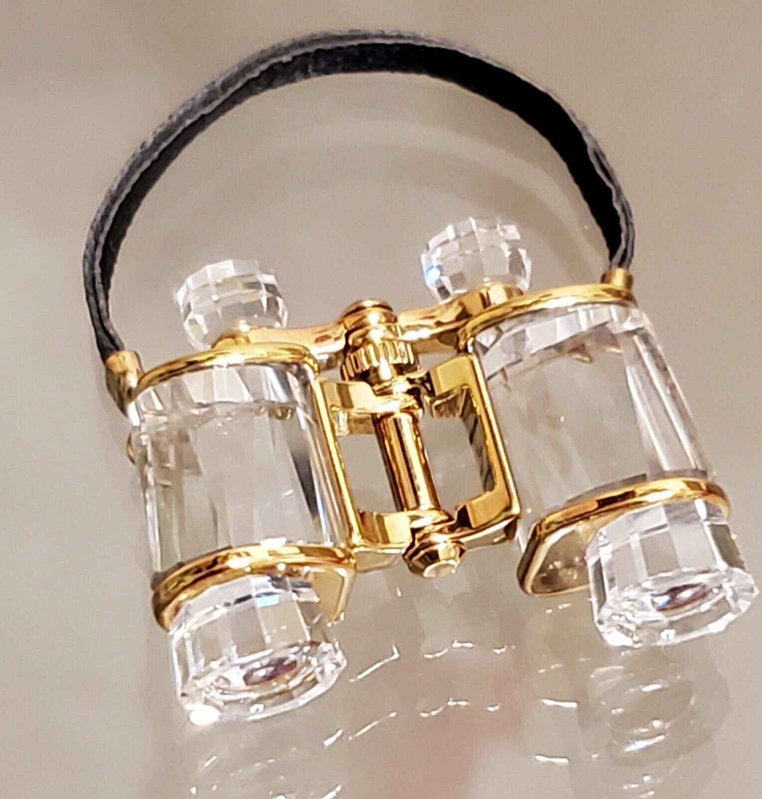 Vintage Swarovski Miniature Crystal & Gold Binocular w/Leather Strap Figurine