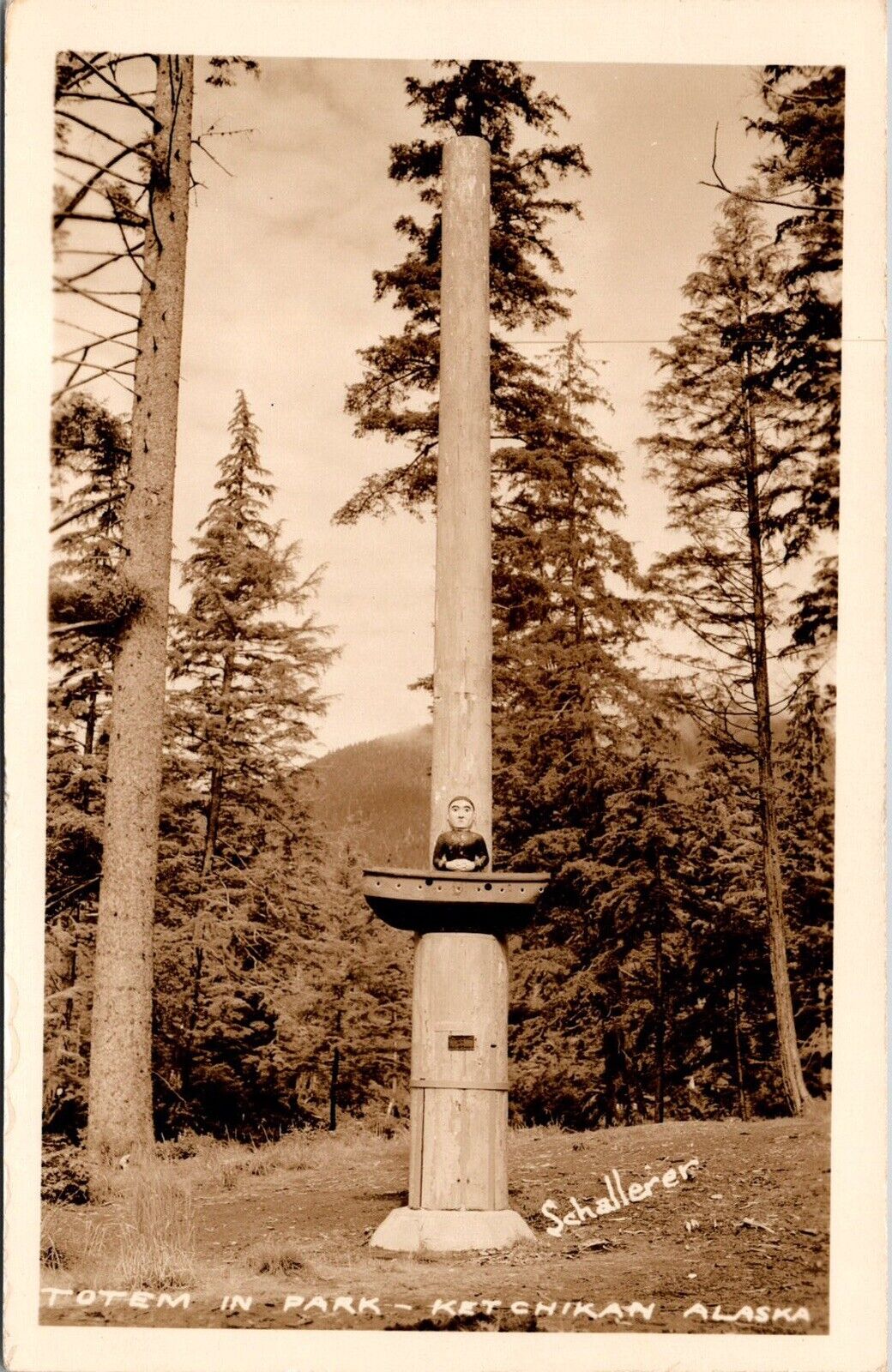 Vtg 1930s RPPC Postcard Totem Pole in Ketchikan Park Alaska AK Signed Schallerer