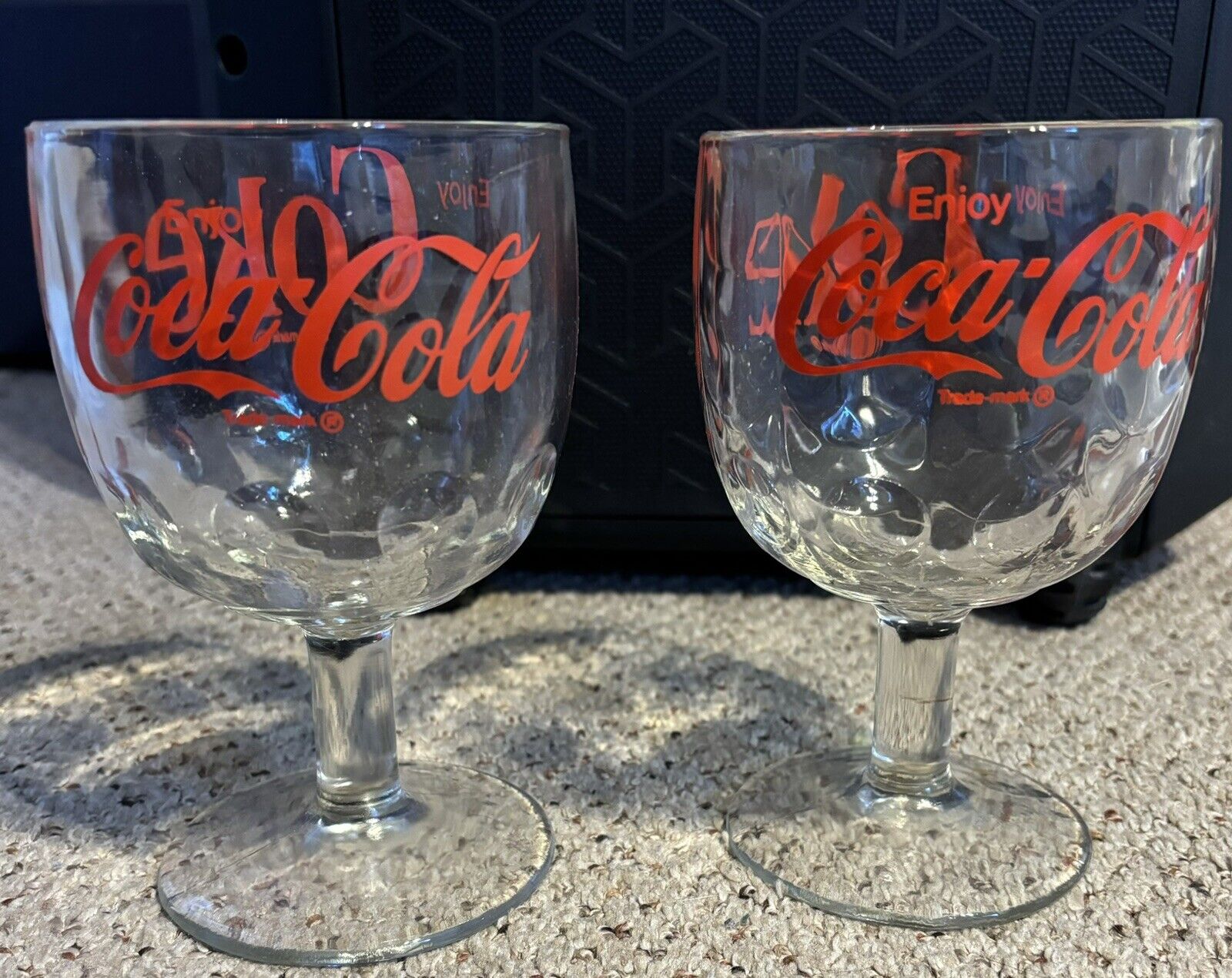 Vintage Pair of Coca Cola Goblet Thumbprint Pedestal 6 Inch Glasses