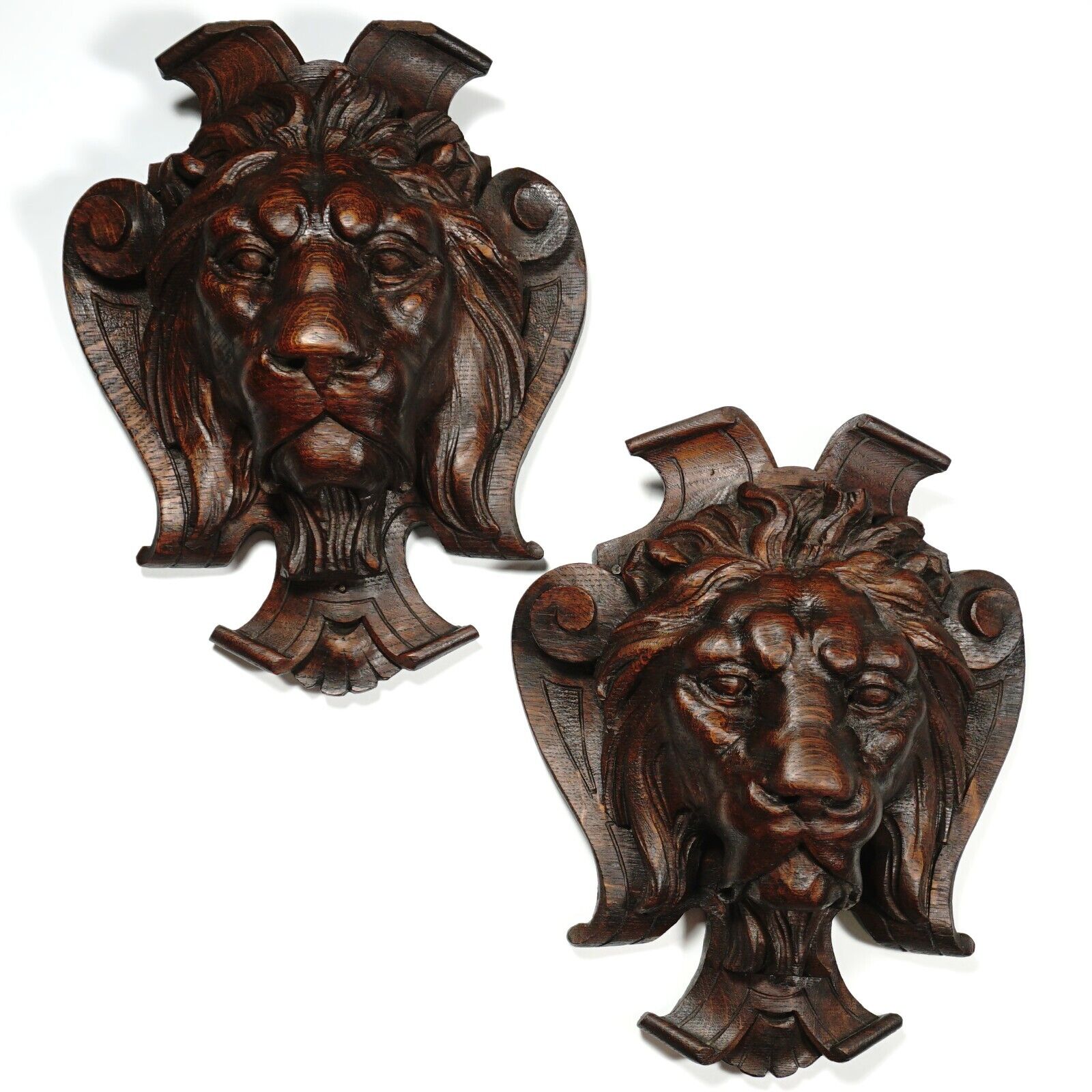 Pair Antique French Carved Wood Lion Heads Wall Mounts
