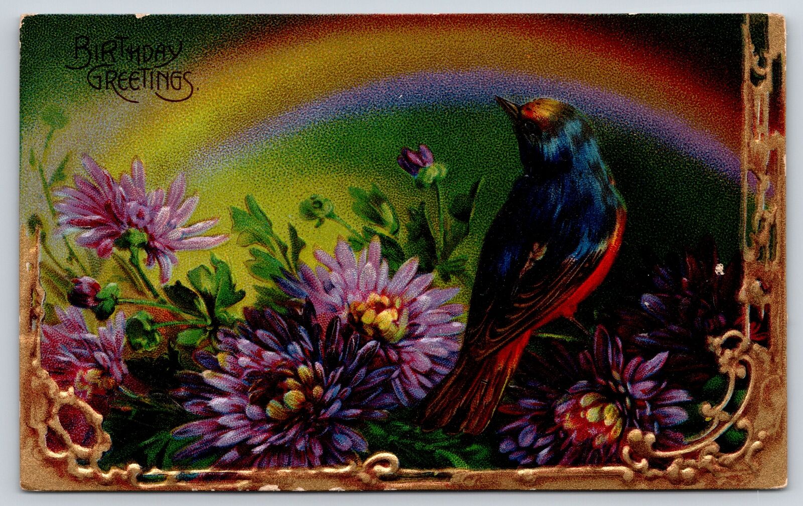 Greetings~Birthday~Bird Under Rainbow~Peonies~c1910 Postcard