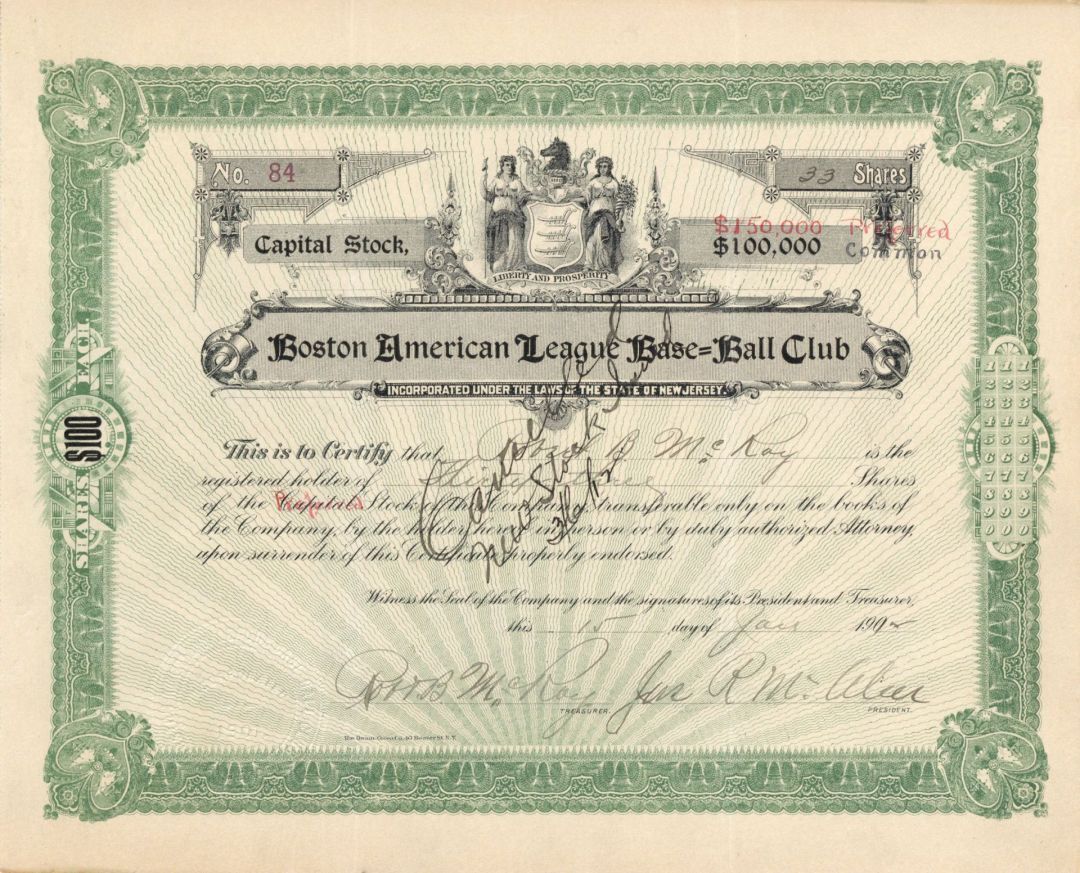 Boston American League Base=Ball Club - 1912 dated Stock Certificate - Sports St
