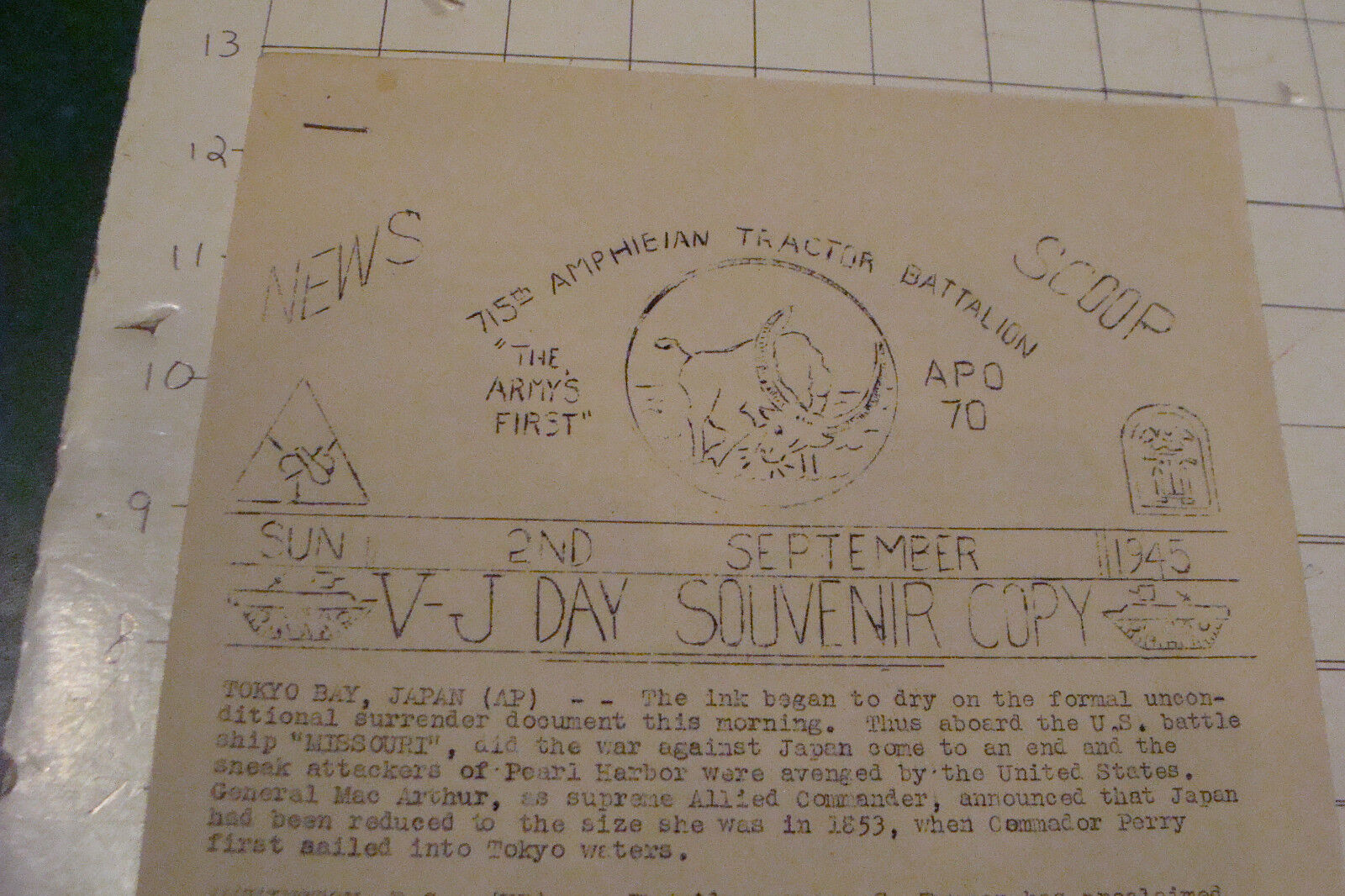original paper V-J DAY SOUVENIR - 715th AMPHIEIAN TRACTOR BATTALION 4pgs paper