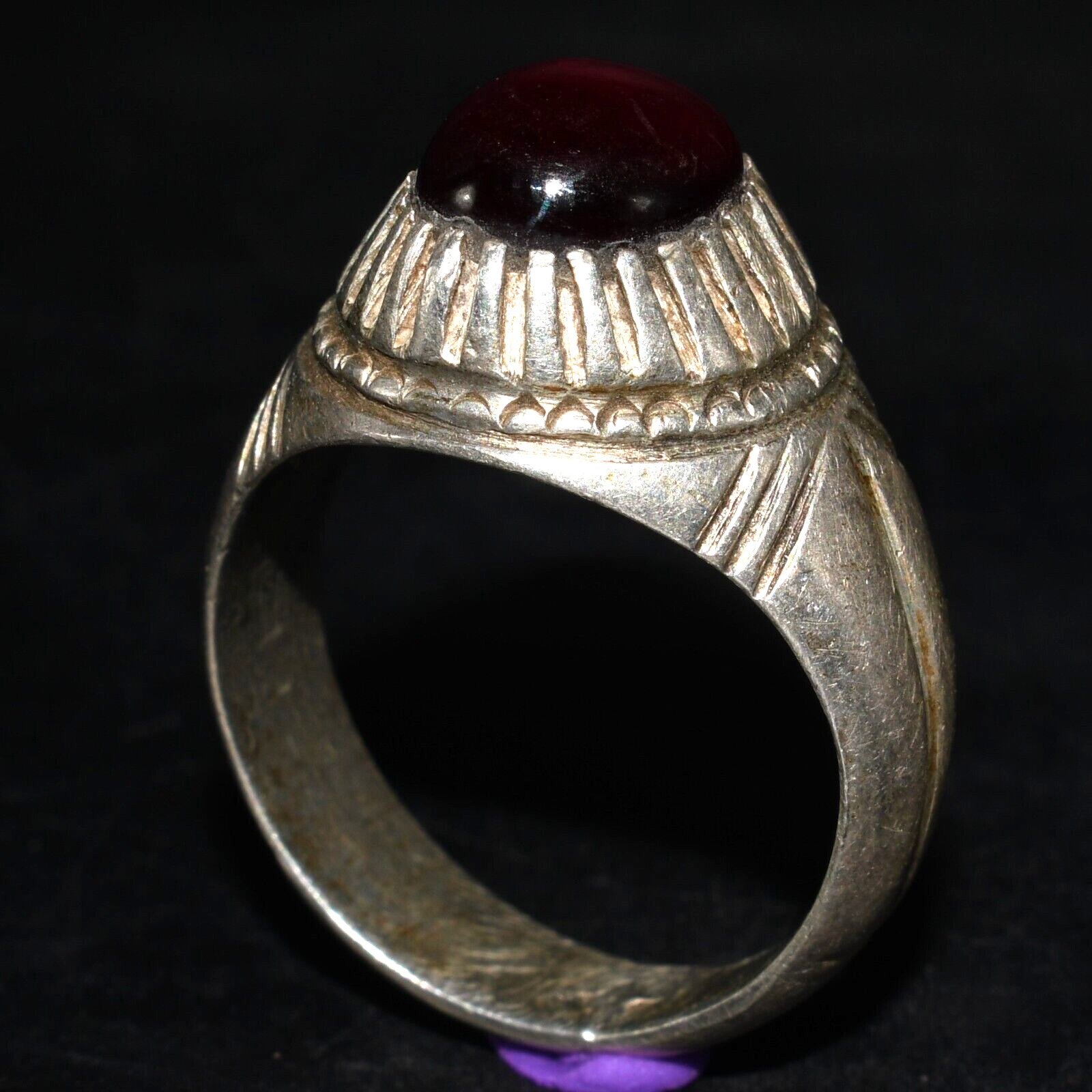 Vintage Middle Eastern Silver Ring with Natural Dark Garnet Stone Bezel