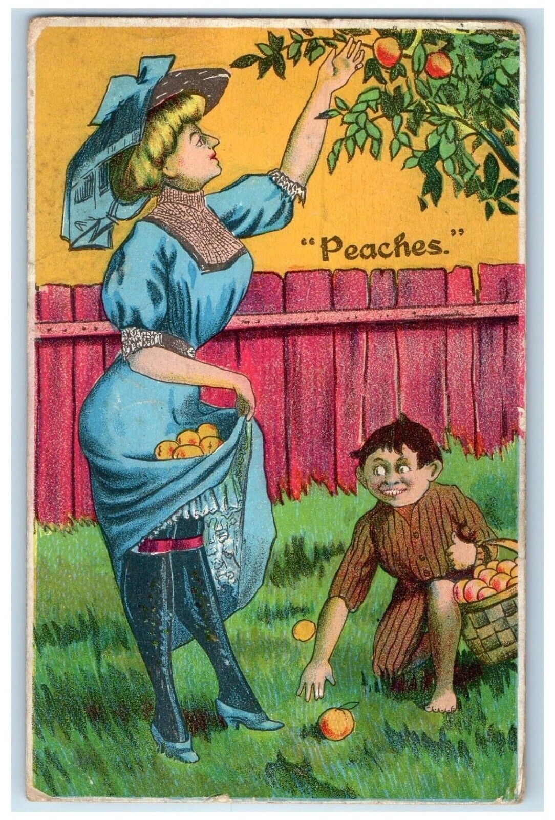 1911 Boy Peeping Woman Harvesting Peaches Embossed New York NY Antique Postcard