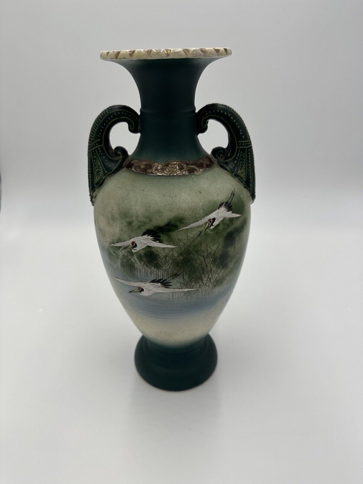 Japanese Satsuma Pottery Urn Style Moriage Vase Vintage Dual Handle StorkPainted