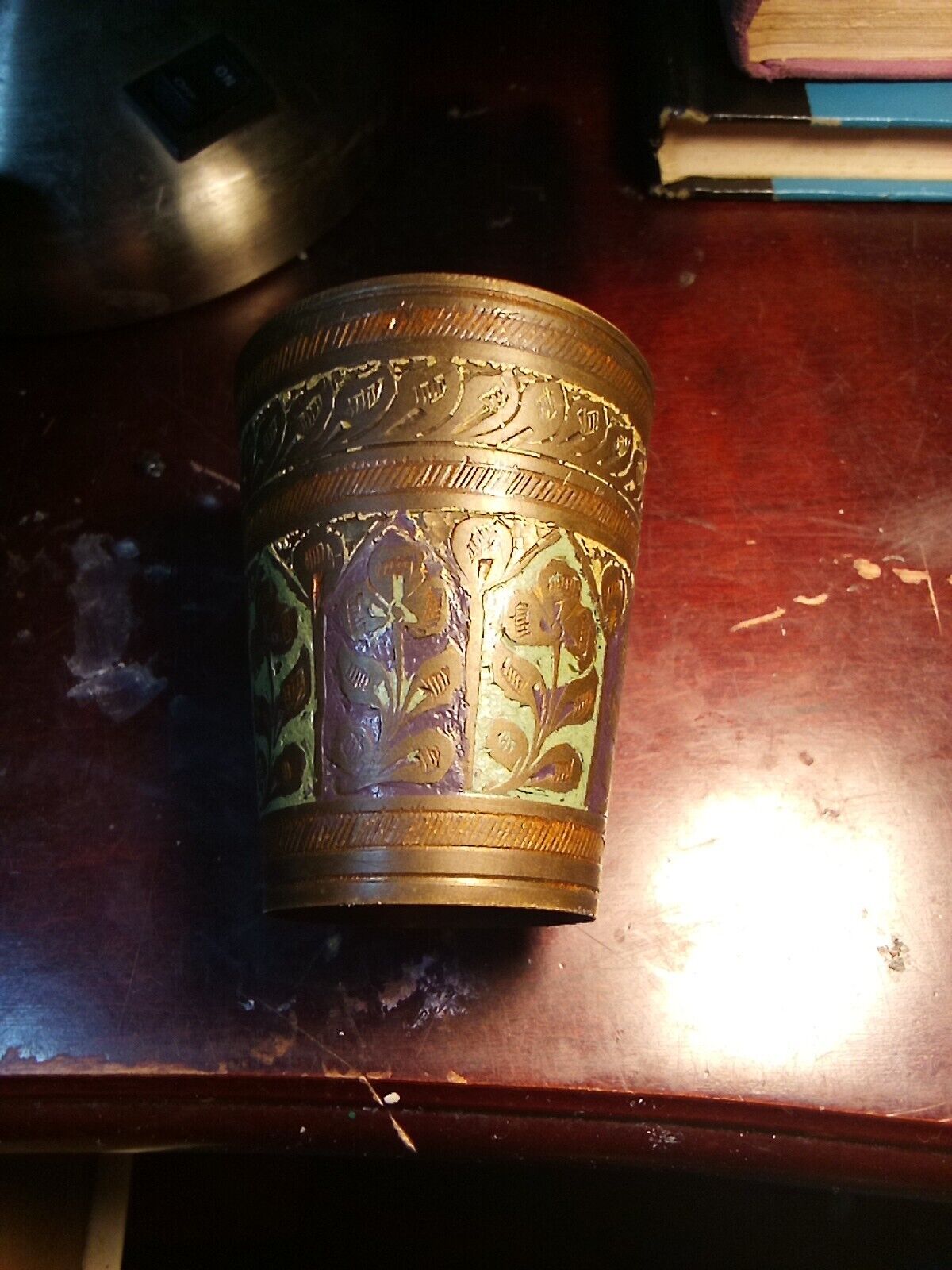 Vintage Original Old Hand Carved Brass Tumbler Rich Patina Decorative Rare