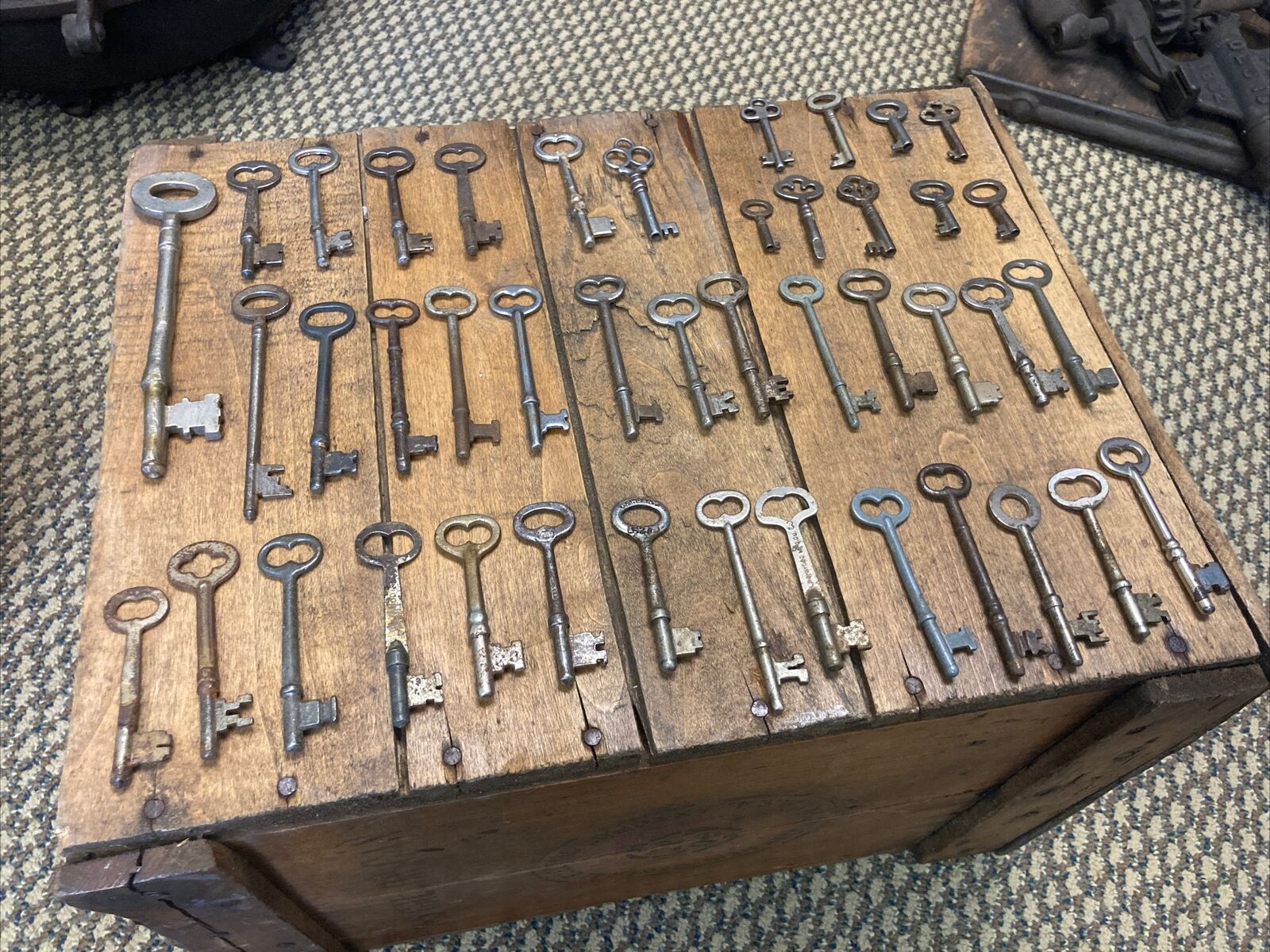 43 Antique Vintage Skeleton Keys Furniture Padlock Door Jailer Barrel Key Lot