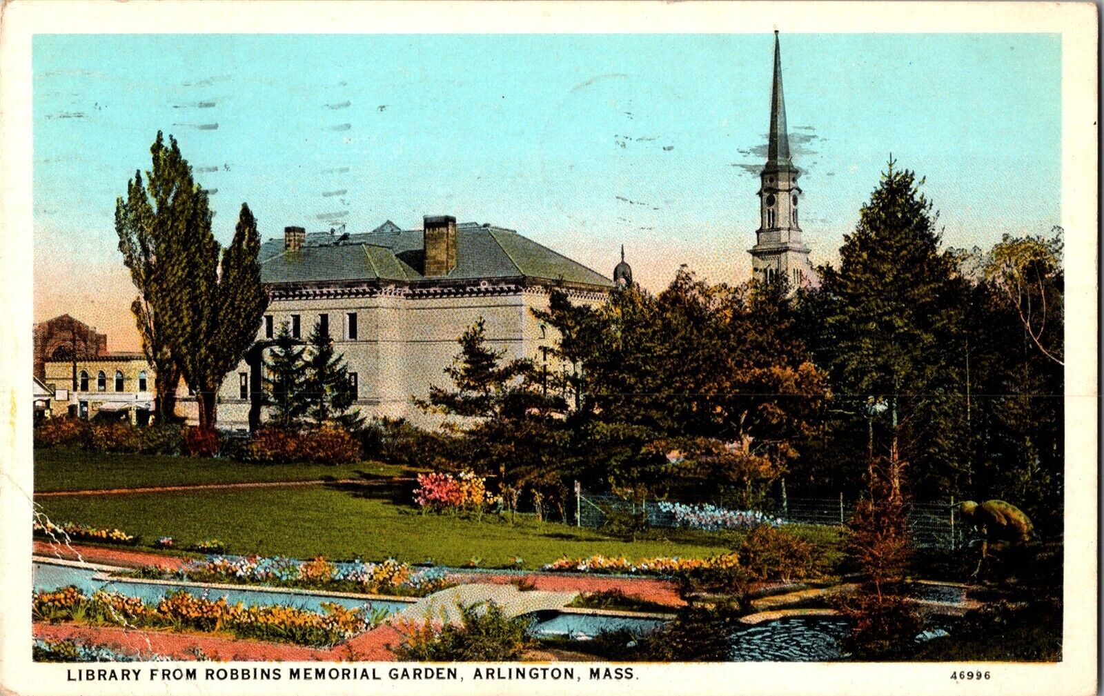 Library from Robbins Memorial Garden, Arlington MA c1928 Vintage Postcard R53