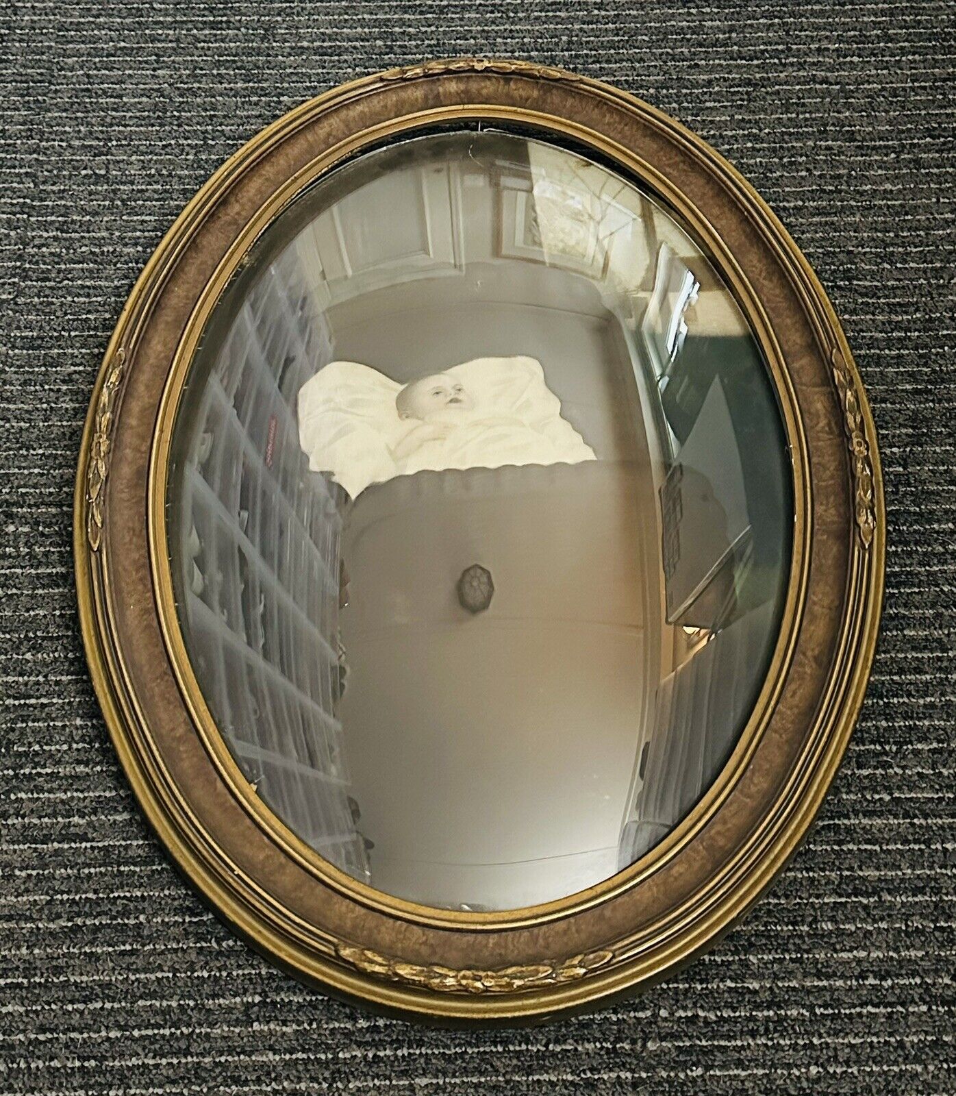 c1880\'s Antique Oval Convex Bubble Glass Baby Portrait w/Wooden Frame 17”x22”