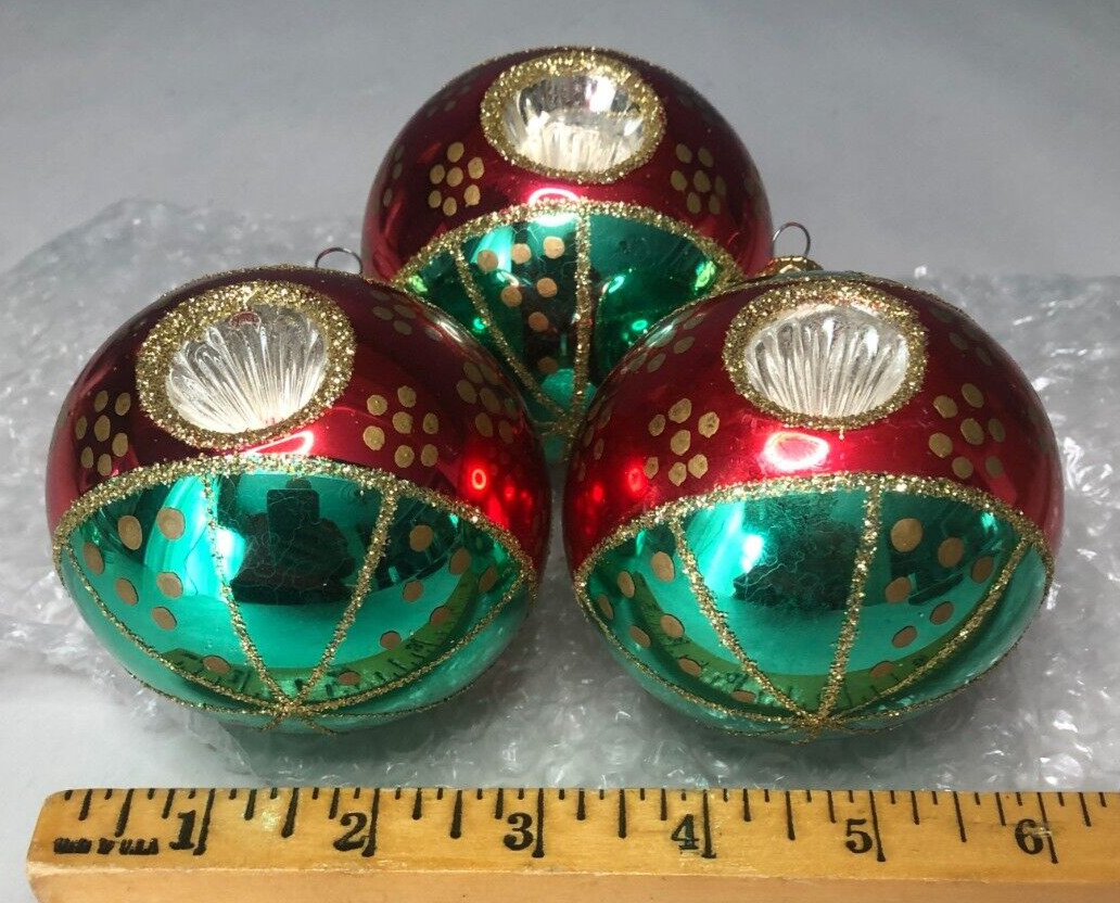 Vintage Blown Glass Triple Indent Green Red Glitter Christmas Ornament Poland X3